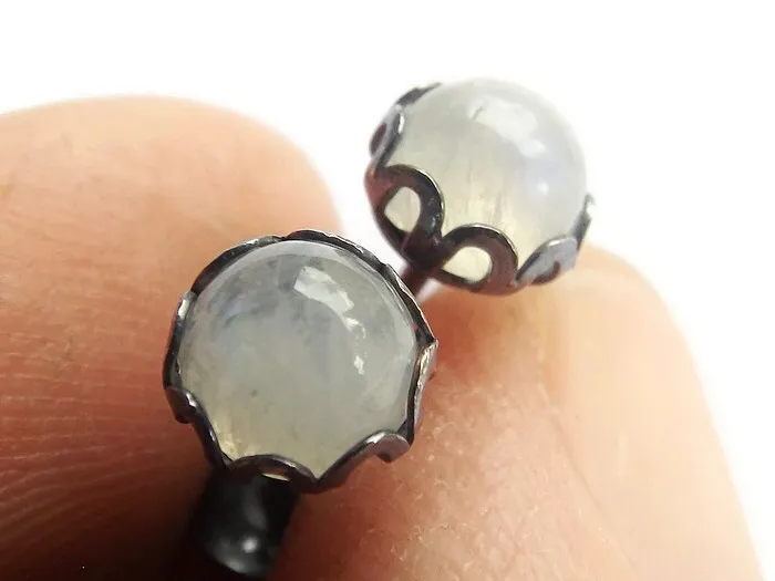 Rainbow Moonstone Earrings, Stud Earrings, Oxidized Silver Earrings, Unique Moonstone Earrings, Gemstone Earrings, 5mm Moonstone Earrings