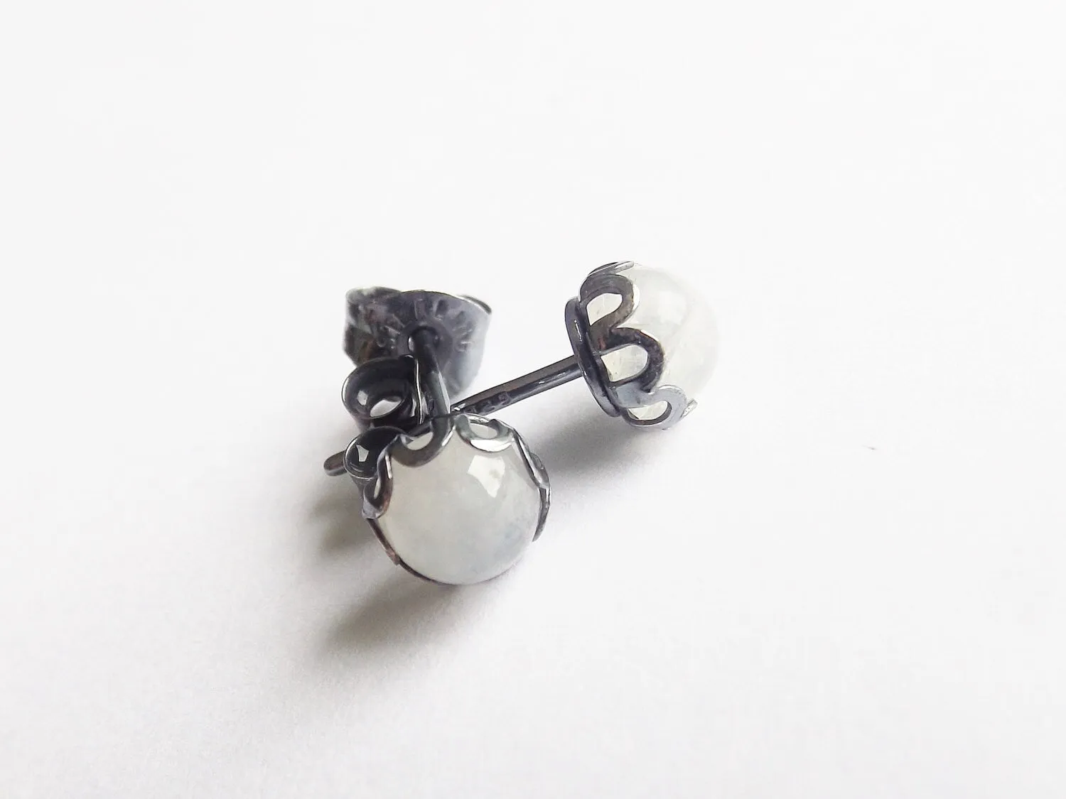 Rainbow Moonstone Earrings, Stud Earrings, Oxidized Silver Earrings, Unique Moonstone Earrings, Gemstone Earrings, 5mm Moonstone Earrings