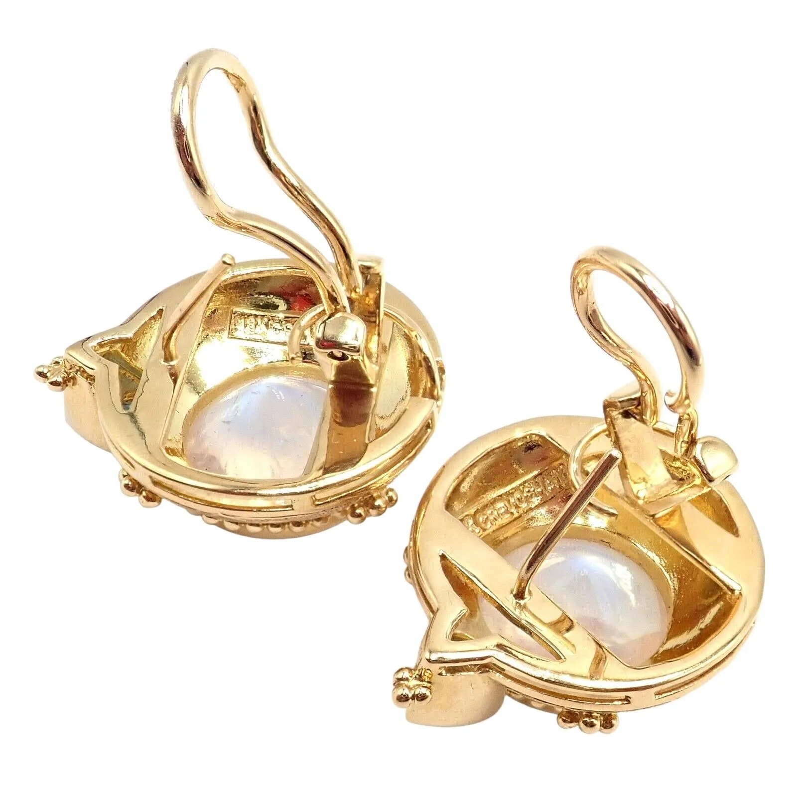 Rare! Vintage Paula Crevoshay 18k Gold Aquamarine Moonstone Round Earrings OOAK