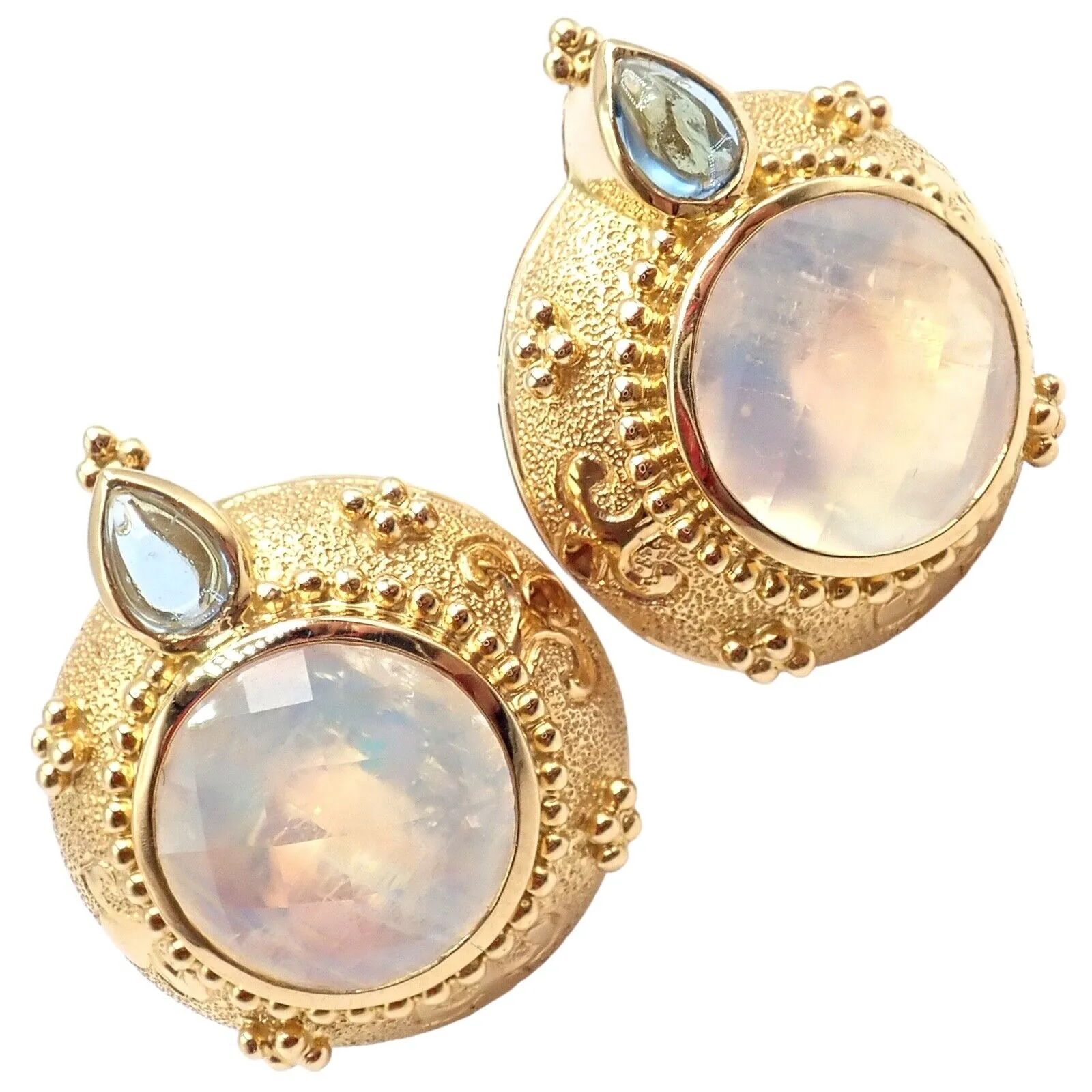 Rare! Vintage Paula Crevoshay 18k Gold Aquamarine Moonstone Round Earrings OOAK