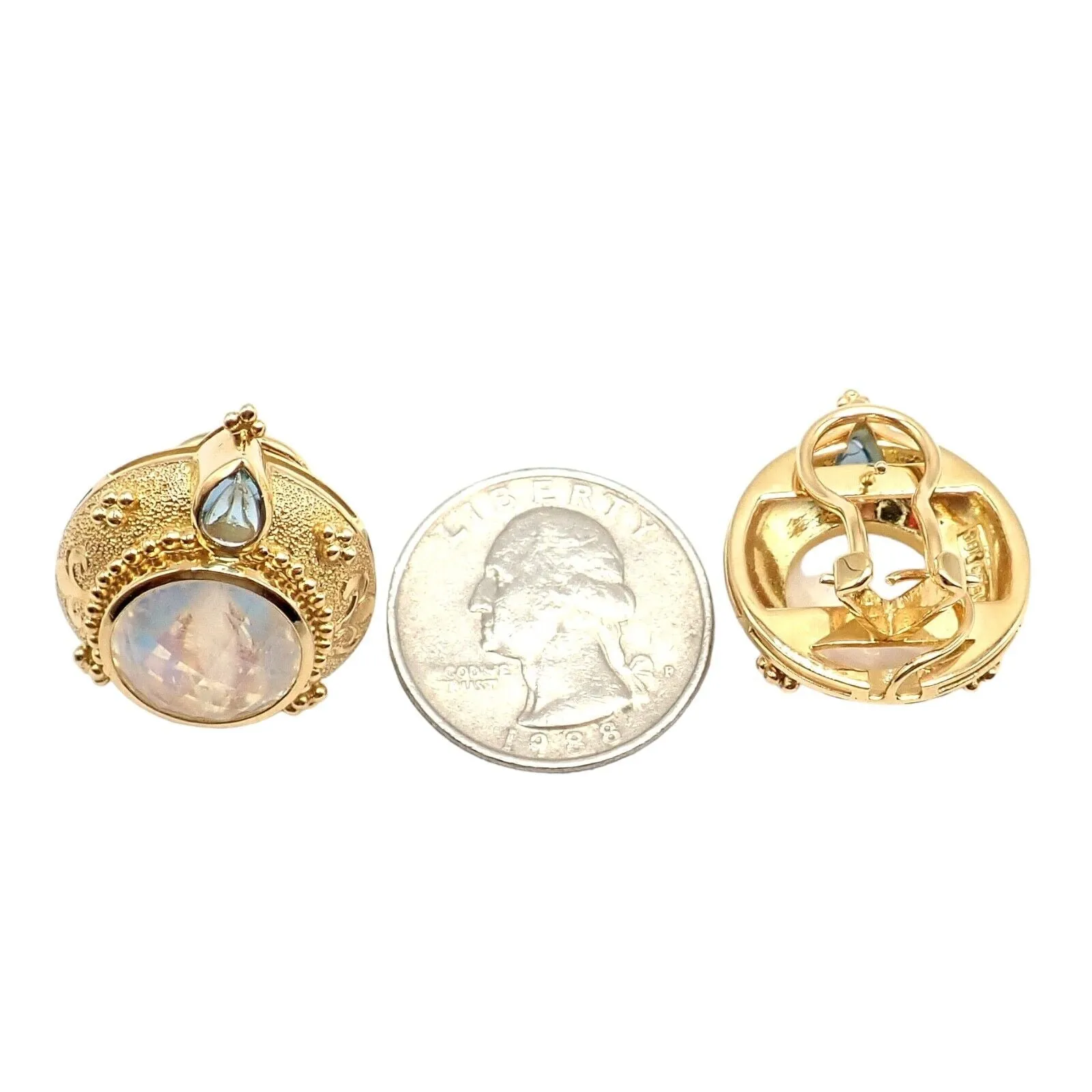 Rare! Vintage Paula Crevoshay 18k Gold Aquamarine Moonstone Round Earrings OOAK