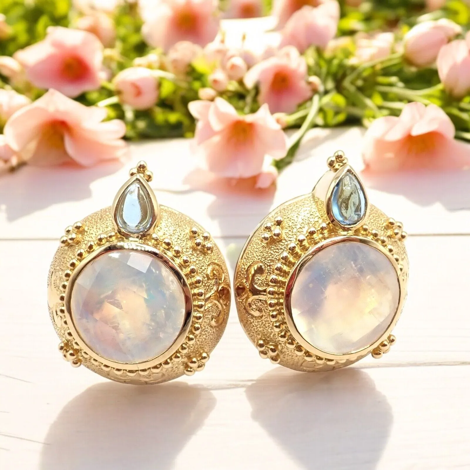 Rare! Vintage Paula Crevoshay 18k Gold Aquamarine Moonstone Round Earrings OOAK