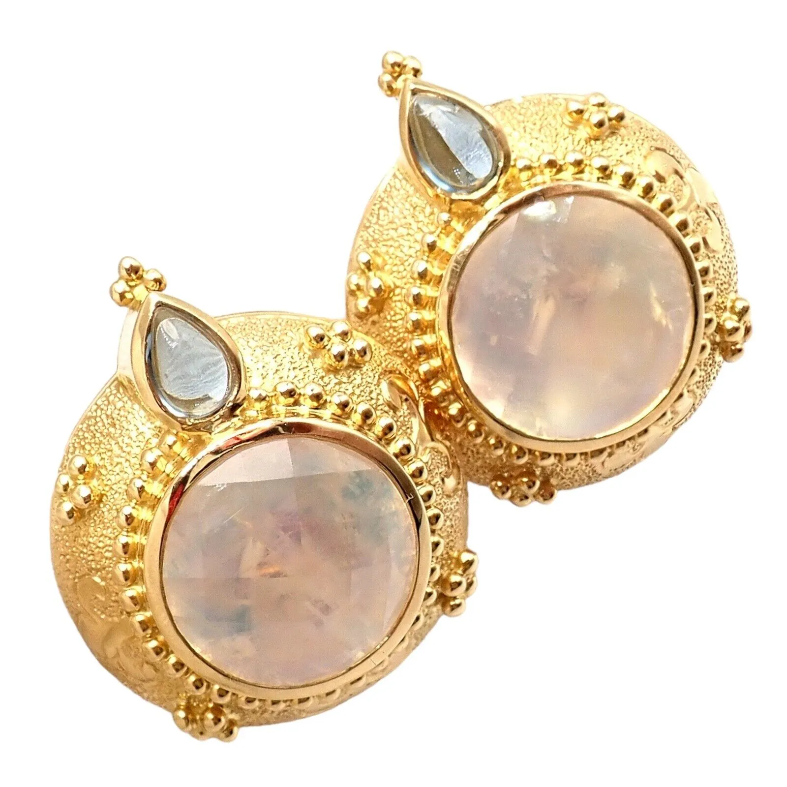 Rare! Vintage Paula Crevoshay 18k Gold Aquamarine Moonstone Round Earrings OOAK
