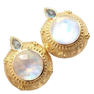Rare! Vintage Paula Crevoshay 18k Gold Aquamarine Moonstone Round Earrings OOAK