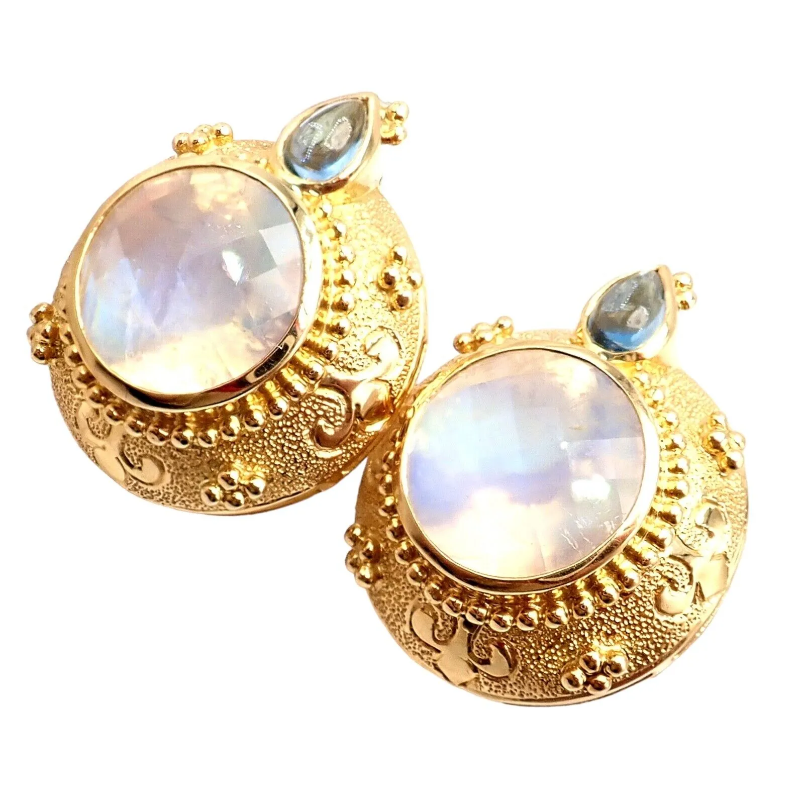 Rare! Vintage Paula Crevoshay 18k Gold Aquamarine Moonstone Round Earrings OOAK