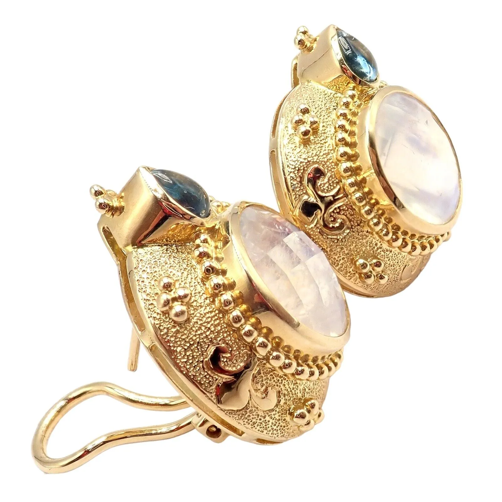 Rare! Vintage Paula Crevoshay 18k Gold Aquamarine Moonstone Round Earrings OOAK
