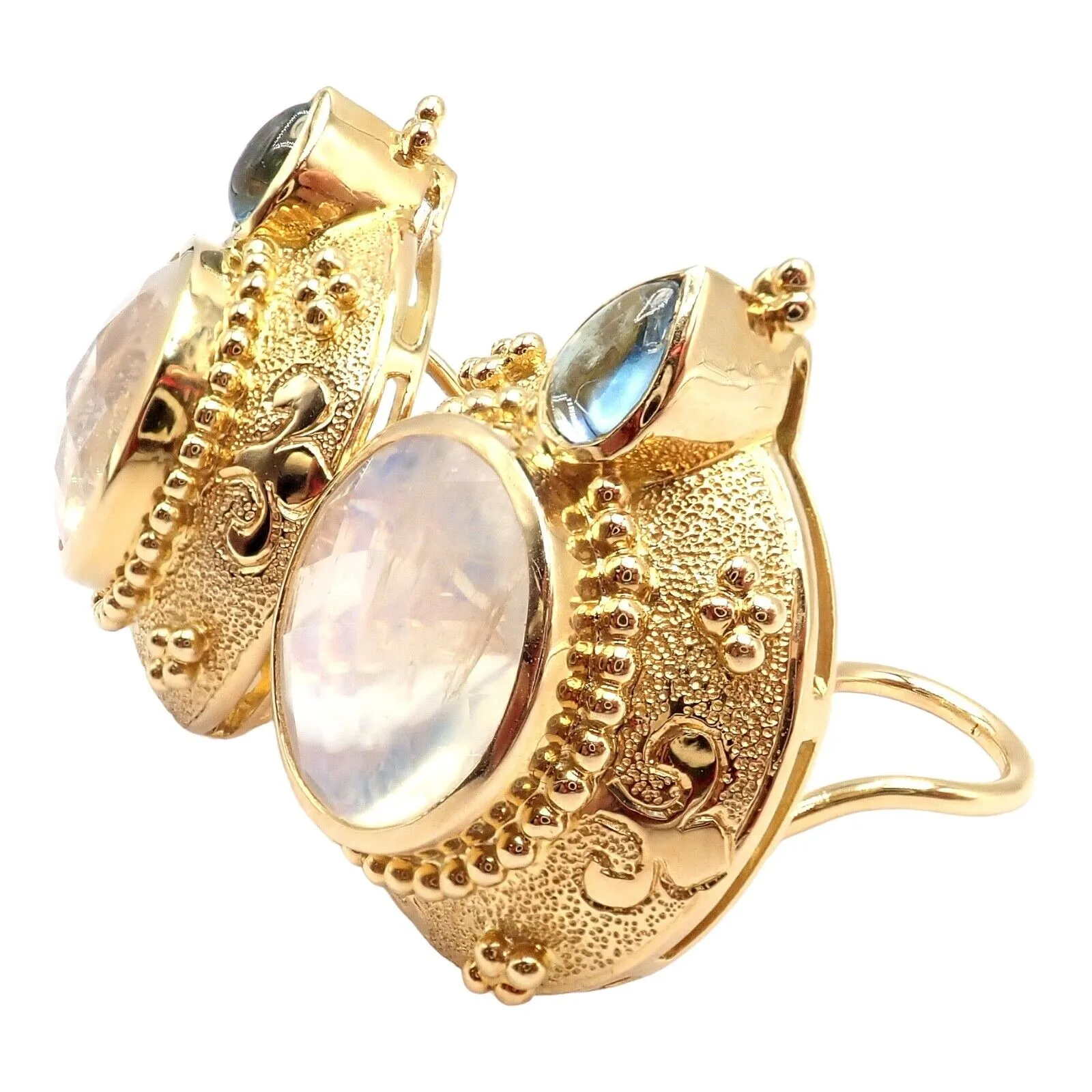 Rare! Vintage Paula Crevoshay 18k Gold Aquamarine Moonstone Round Earrings OOAK