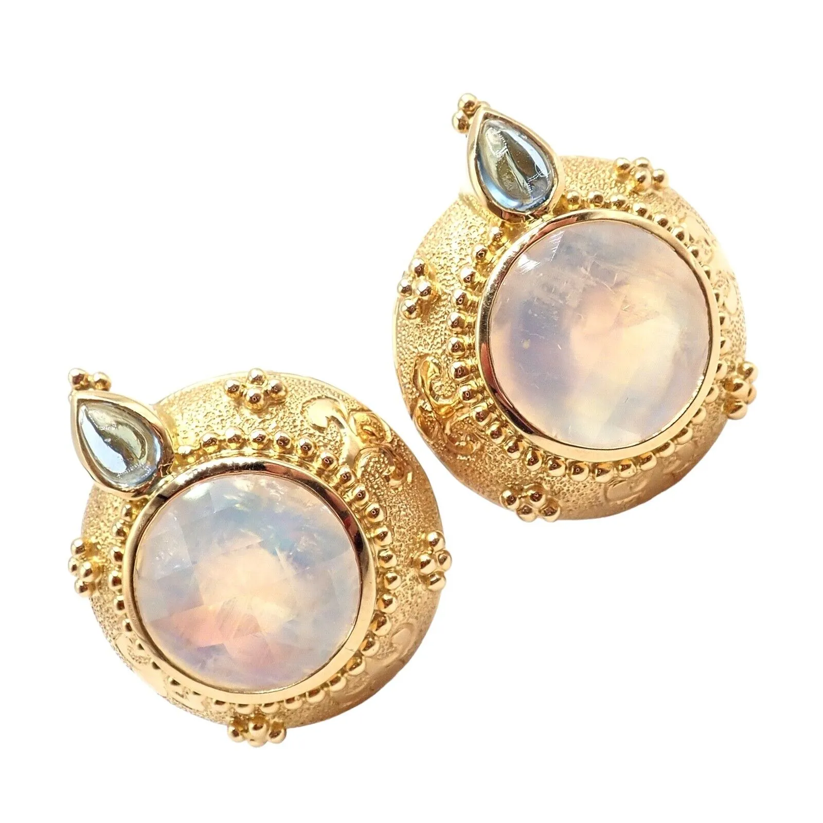 Rare! Vintage Paula Crevoshay 18k Gold Aquamarine Moonstone Round Earrings OOAK