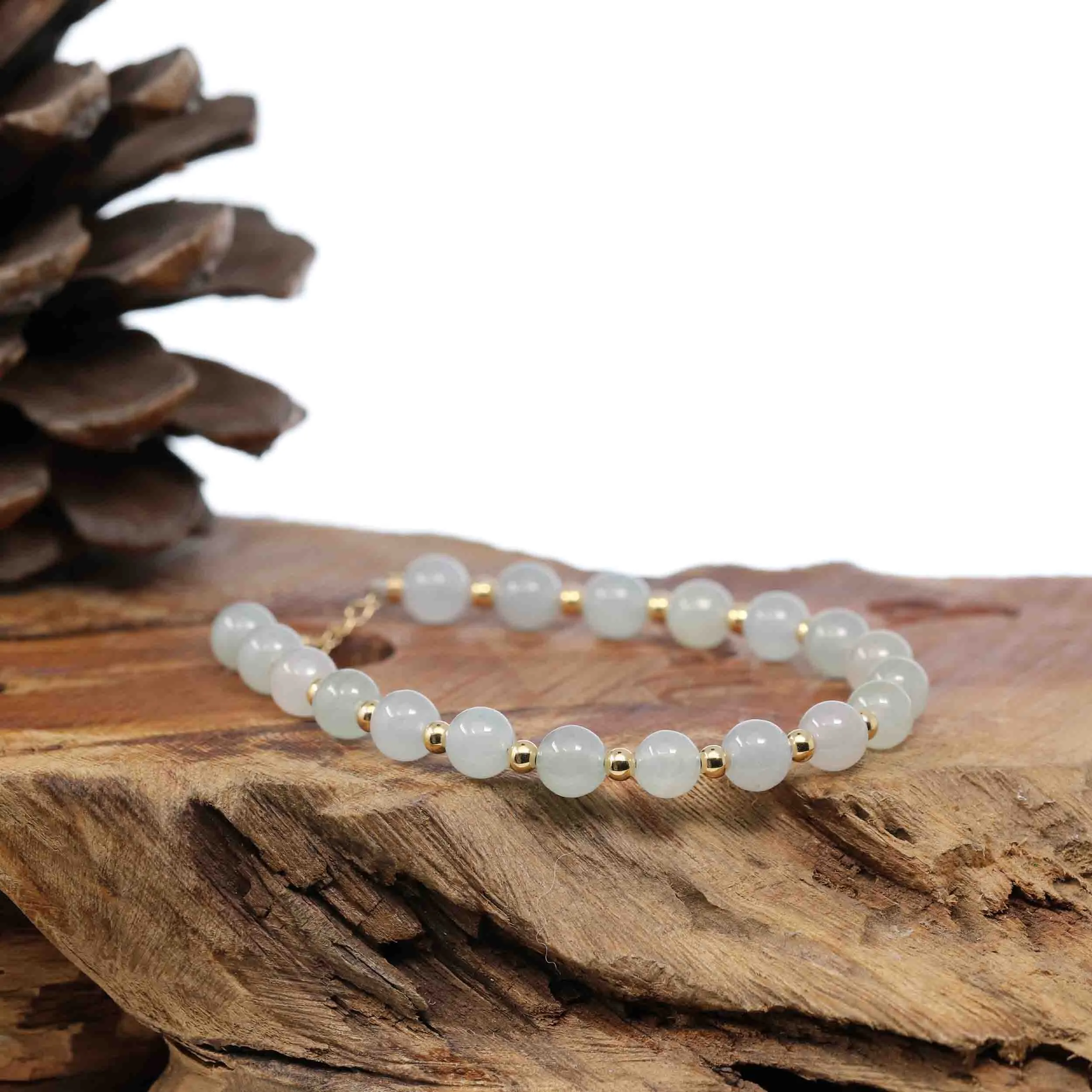RealJade Co.® High Genuine Ice Jadeite Jade Round Beads Bracelet With 18K Yellow Gold Clasp (6.5mm)