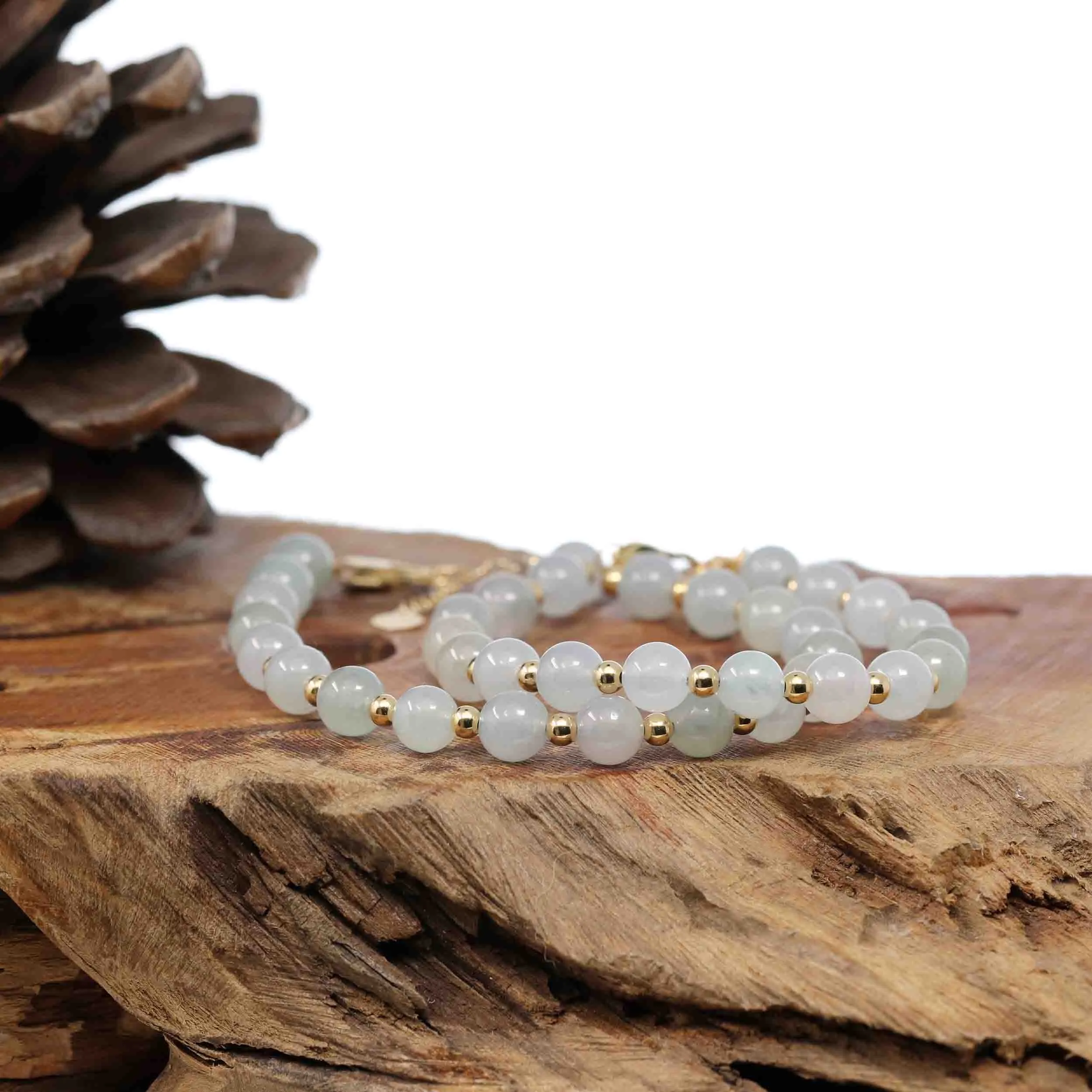 RealJade Co.® High Genuine Ice Jadeite Jade Round Beads Bracelet With 18K Yellow Gold Clasp (6.5mm)