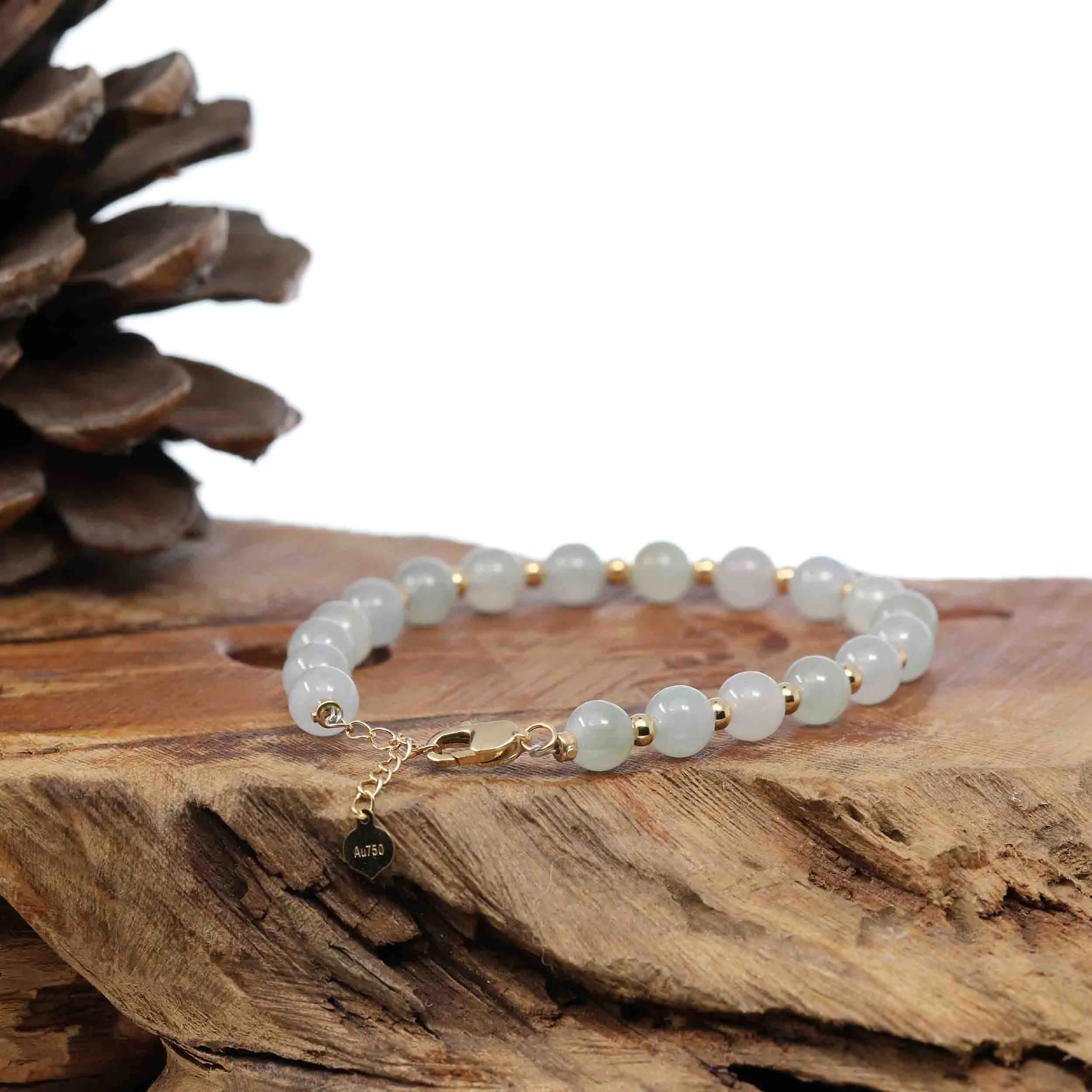 RealJade Co.® High Genuine Ice Jadeite Jade Round Beads Bracelet With 18K Yellow Gold Clasp (6.5mm)