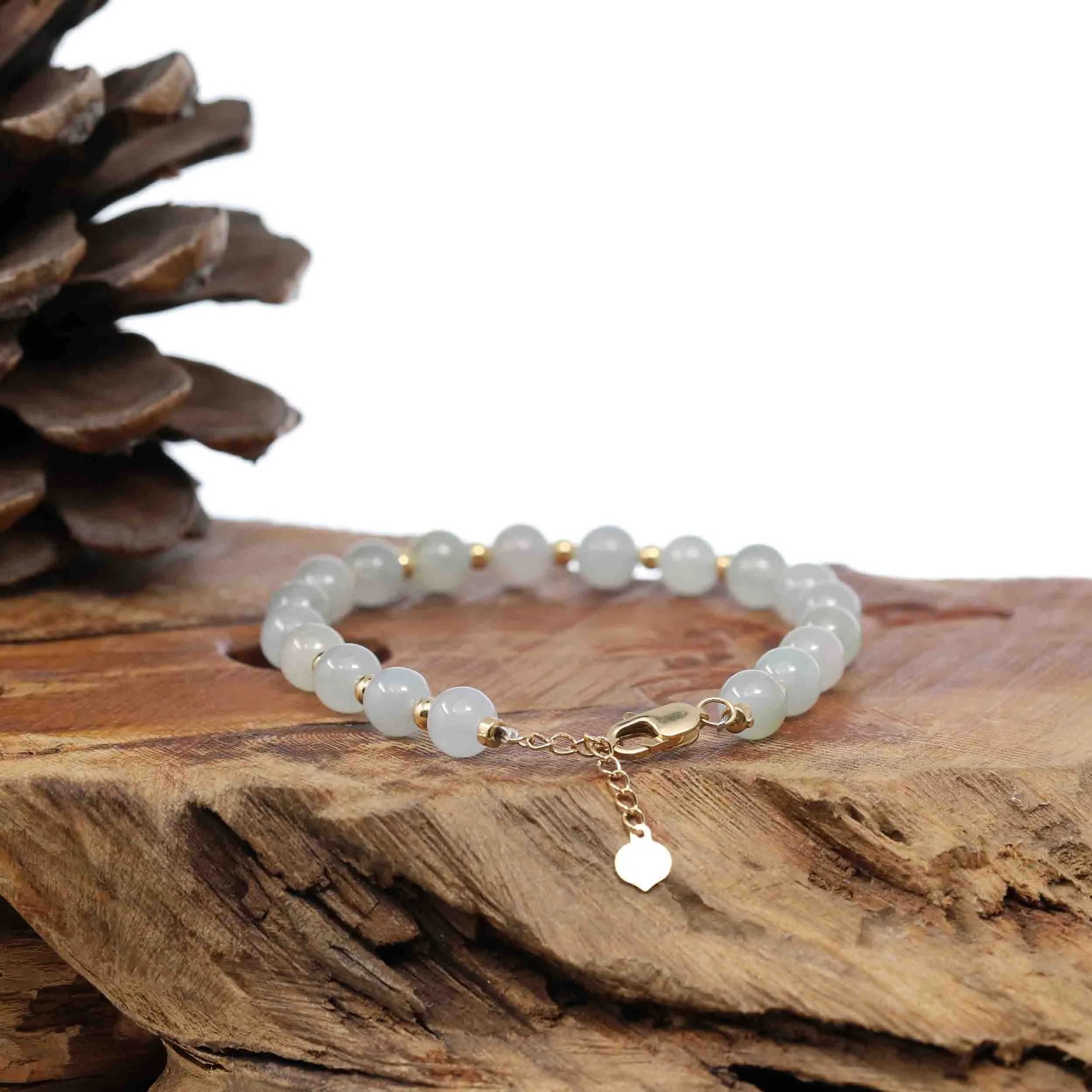 RealJade Co.® High Genuine Ice Jadeite Jade Round Beads Bracelet With 18K Yellow Gold Clasp (6.5mm)