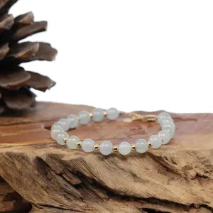 RealJade Co.® High Genuine Ice Jadeite Jade Round Beads Bracelet With 18K Yellow Gold Clasp (6.5mm)