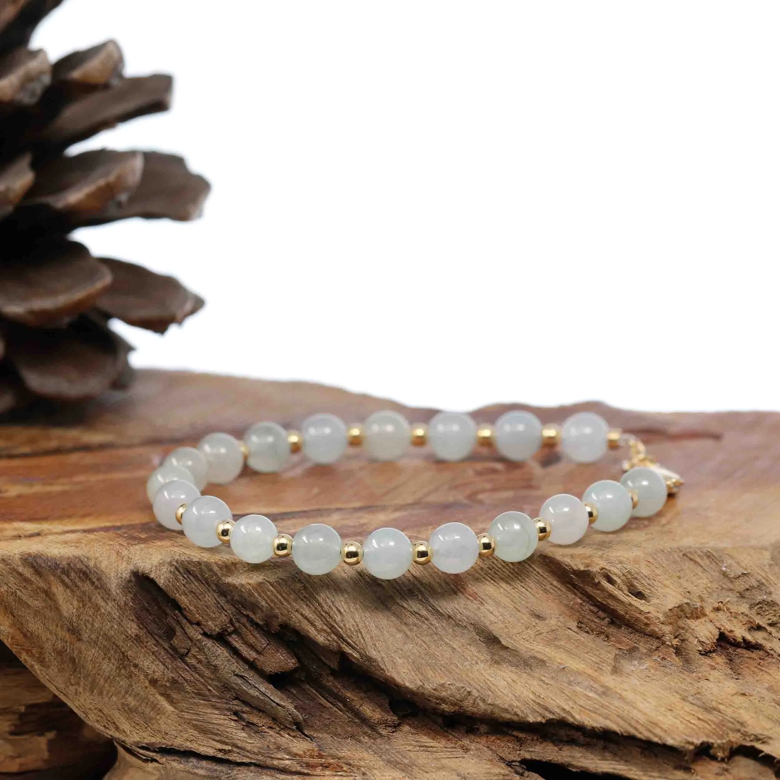 RealJade Co.® High Genuine Ice Jadeite Jade Round Beads Bracelet With 18K Yellow Gold Clasp (6.5mm)