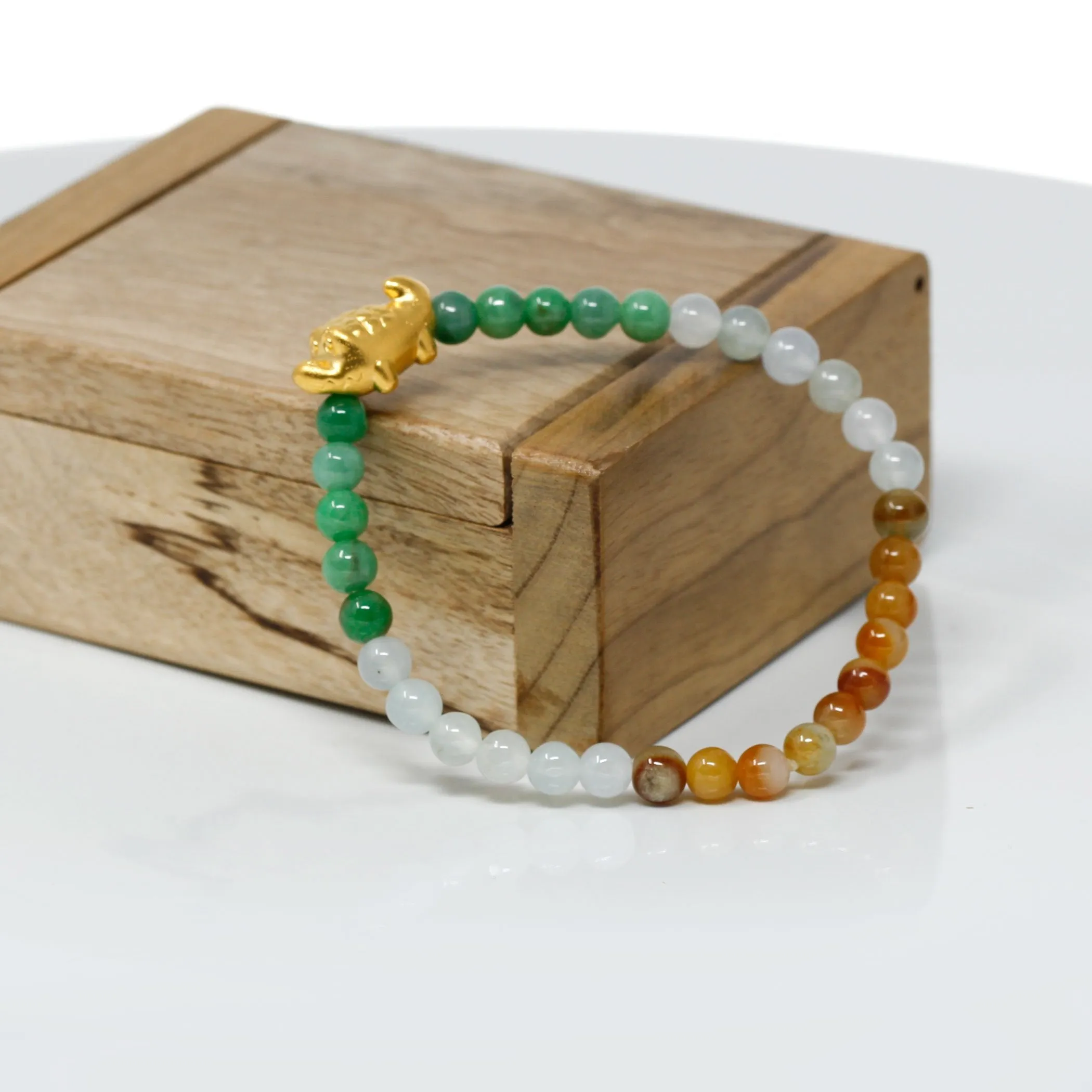 RealJade® "Cute Crocodile" Genuine High-quality Jade Jadeite Bracelet Bangle with 24k Yellow Gold Crocodile Charm Colorful #412