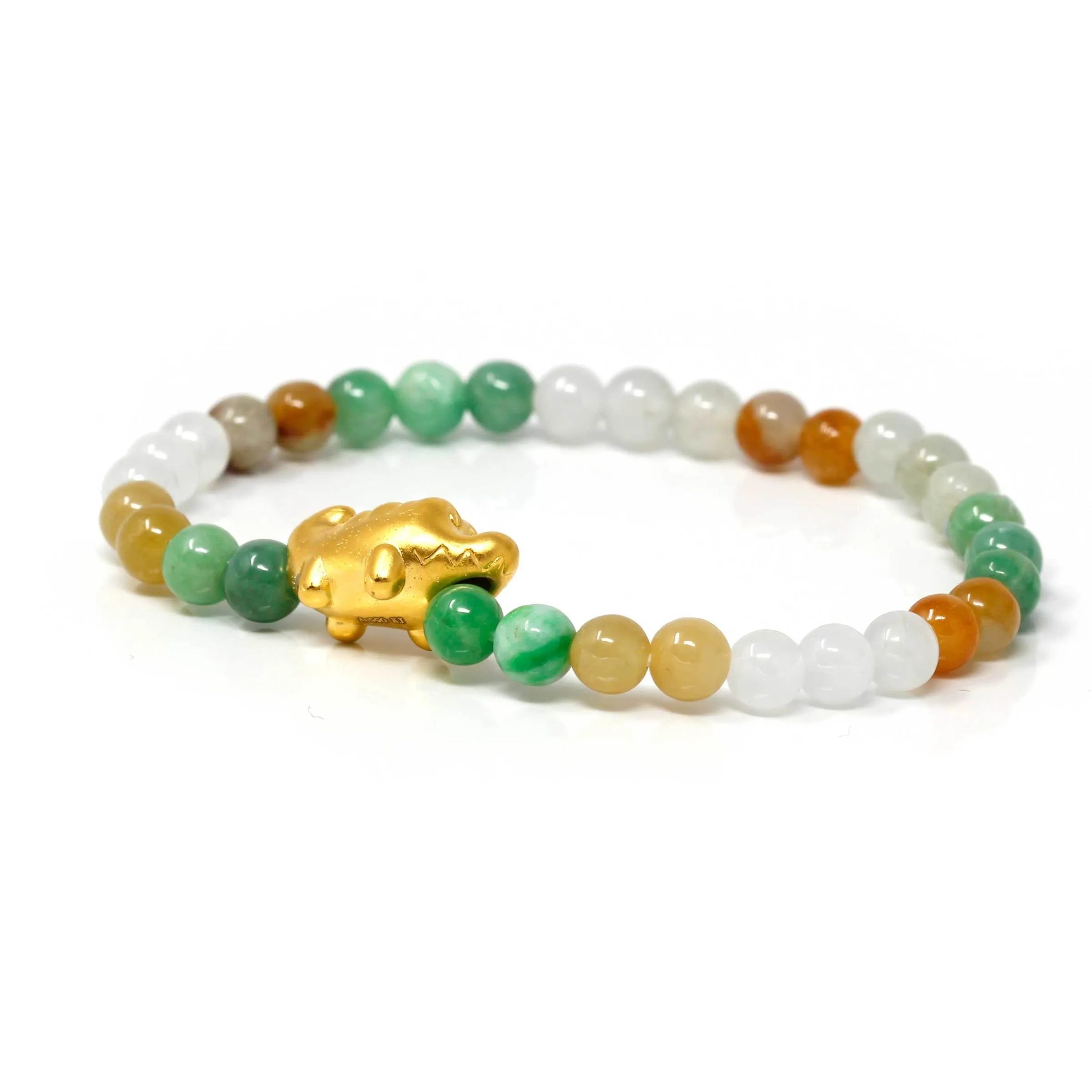 RealJade® "Cute Crocodile" Genuine High-quality Jade Jadeite Bracelet Bangle with 24k Yellow Gold Crocodile Charm Colorful #412