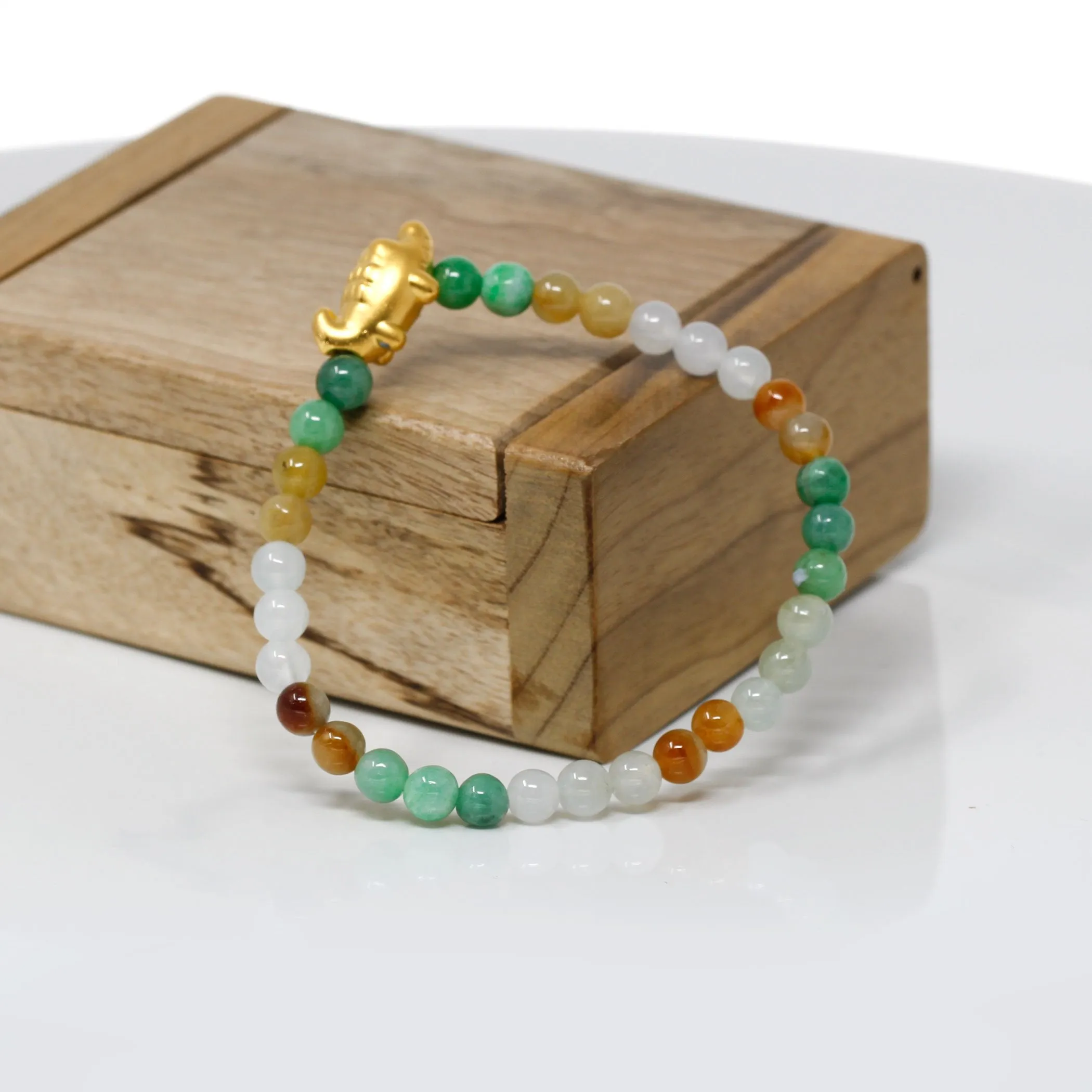 RealJade® "Cute Crocodile" Genuine High-quality Jade Jadeite Bracelet Bangle with 24k Yellow Gold Crocodile Charm Colorful #412