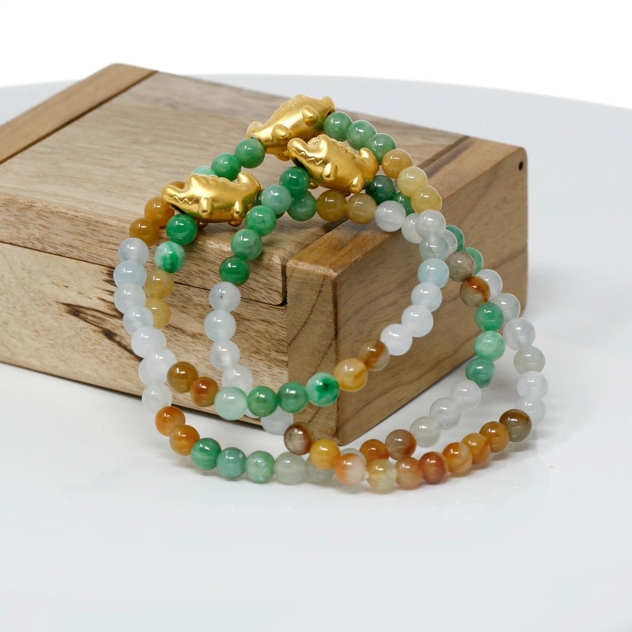 RealJade® "Cute Crocodile" Genuine High-quality Jade Jadeite Bracelet Bangle with 24k Yellow Gold Crocodile Charm Colorful #412