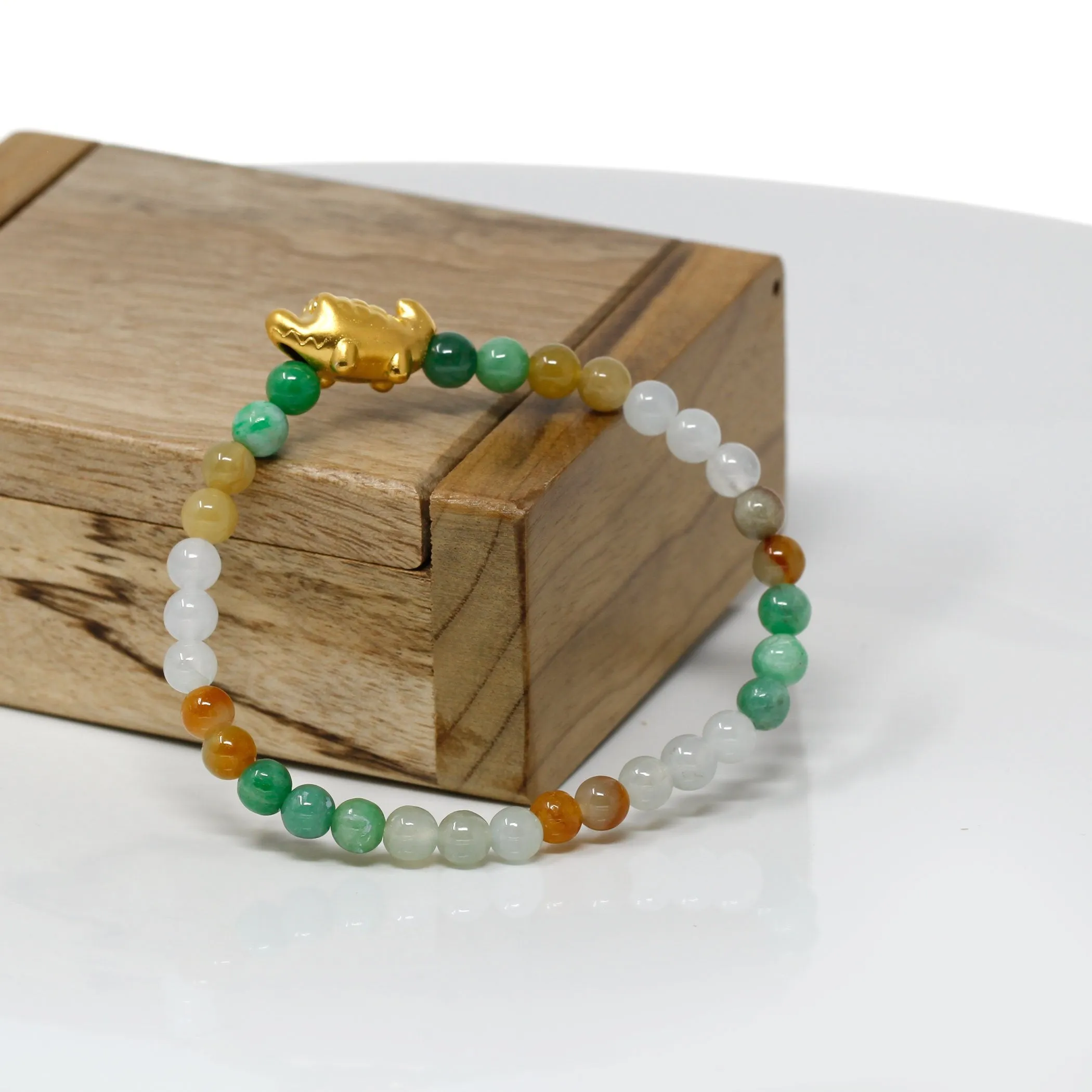 RealJade® "Cute Crocodile" Genuine High-quality Jade Jadeite Bracelet Bangle with 24k Yellow Gold Crocodile Charm Colorful #412