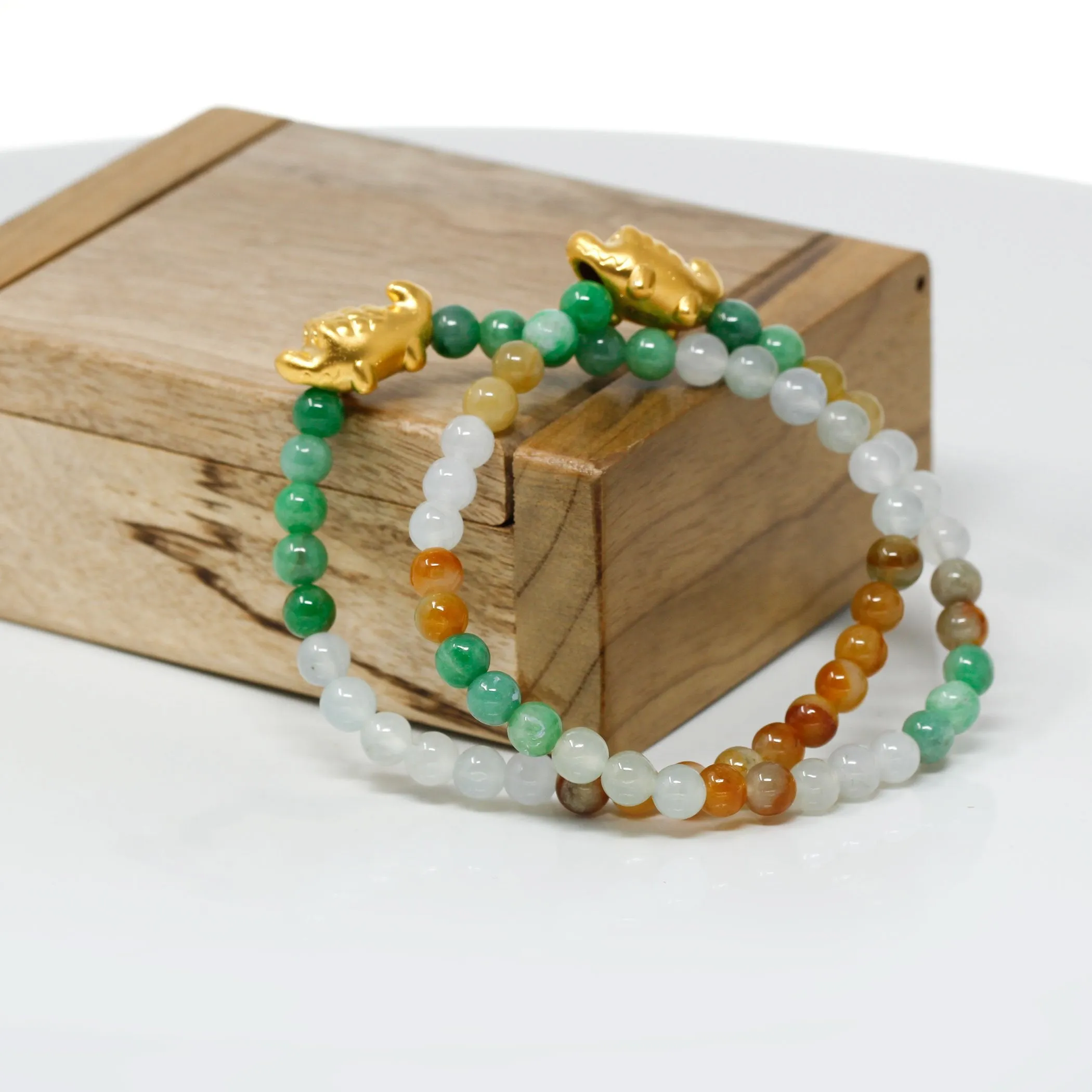 RealJade® "Cute Crocodile" Genuine High-quality Jade Jadeite Bracelet Bangle with 24k Yellow Gold Crocodile Charm Colorful #412