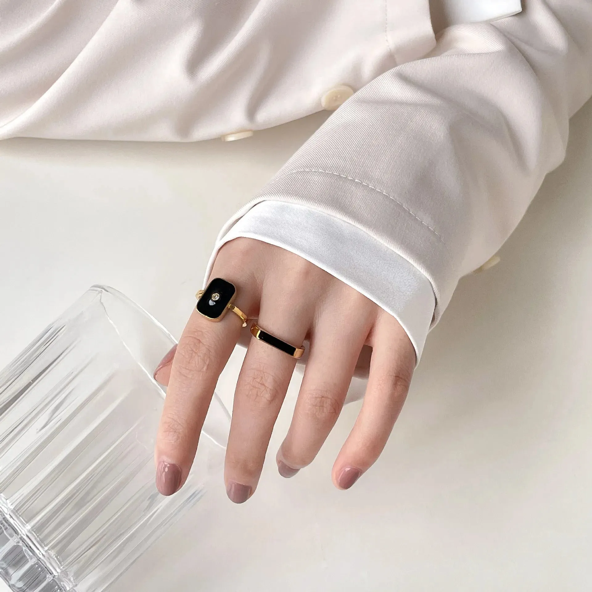 Rectangle Crystal Black Enamel Ring