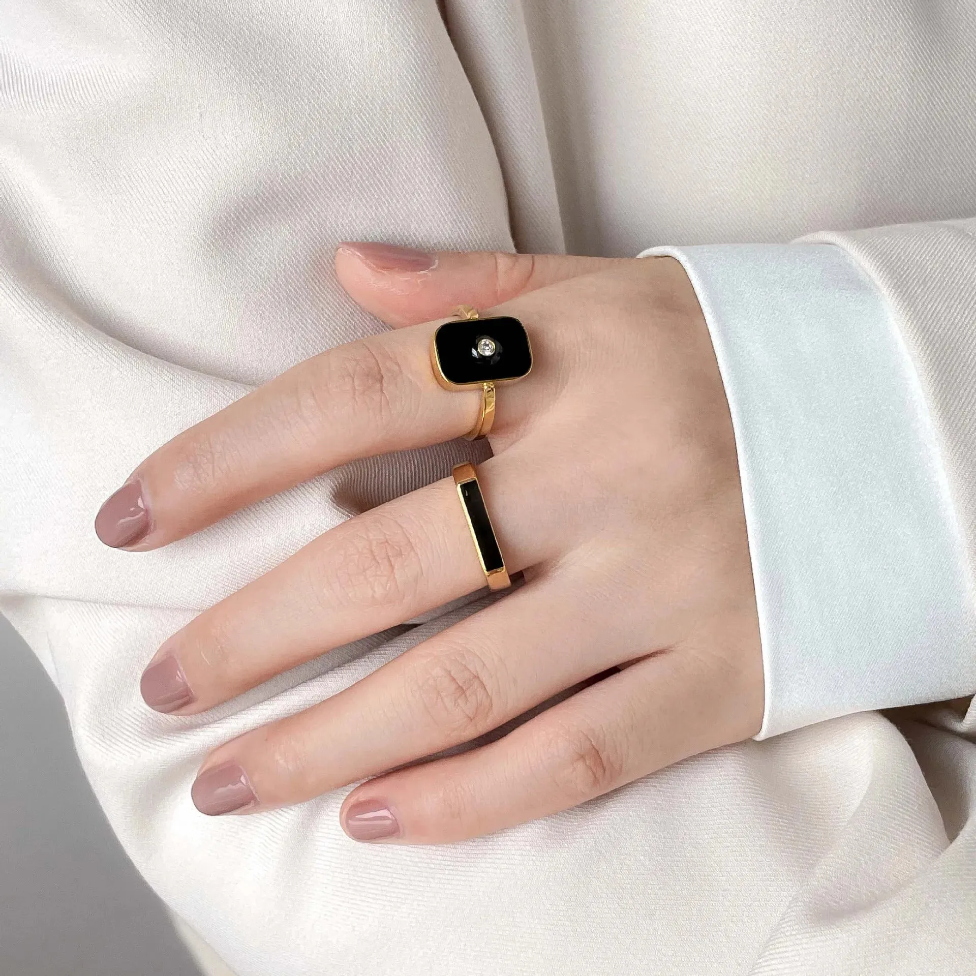 Rectangle Crystal Black Enamel Ring