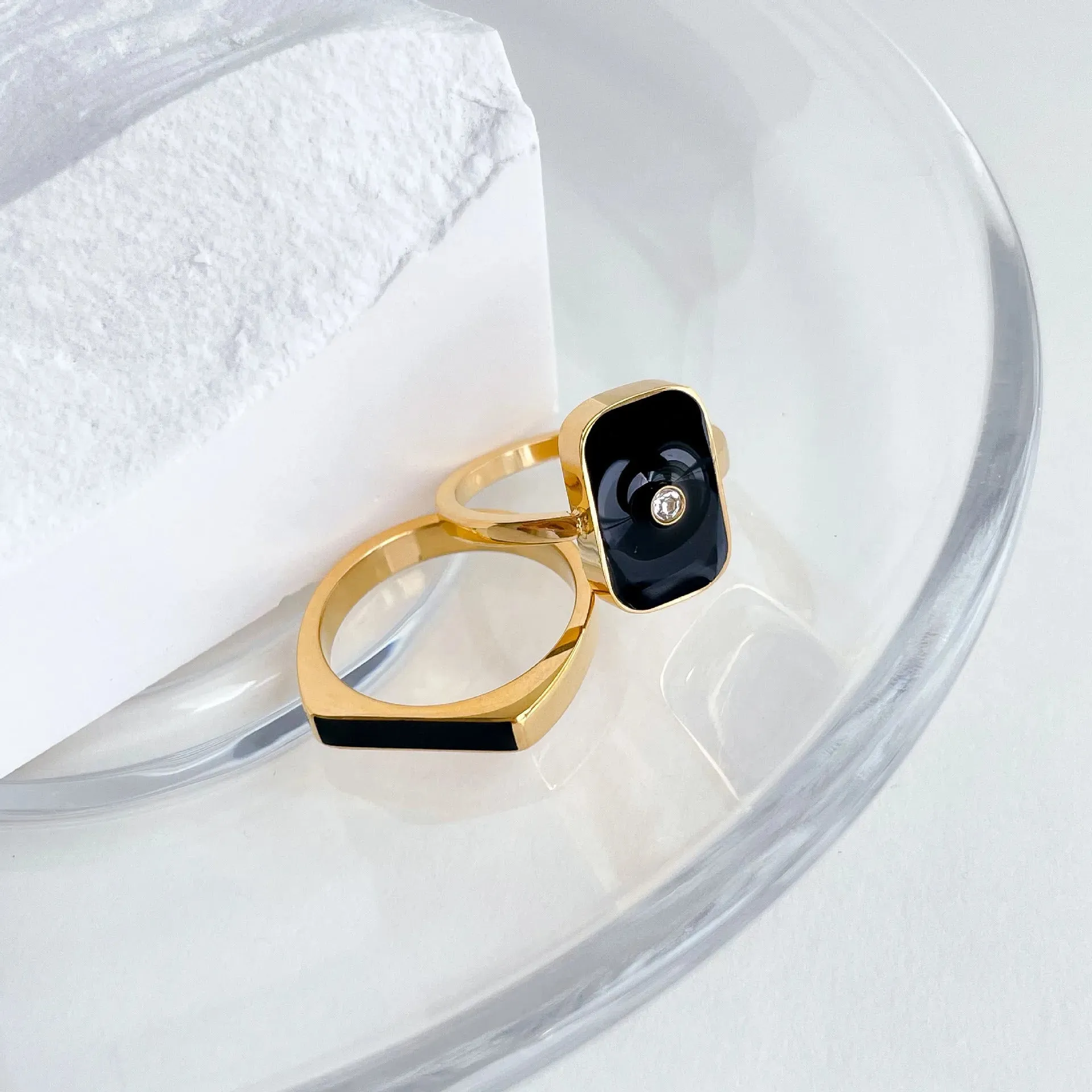 Rectangle Crystal Black Enamel Ring