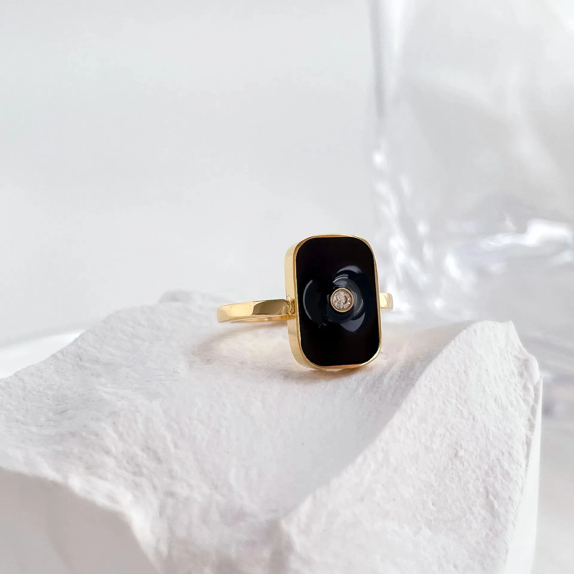 Rectangle Crystal Black Enamel Ring