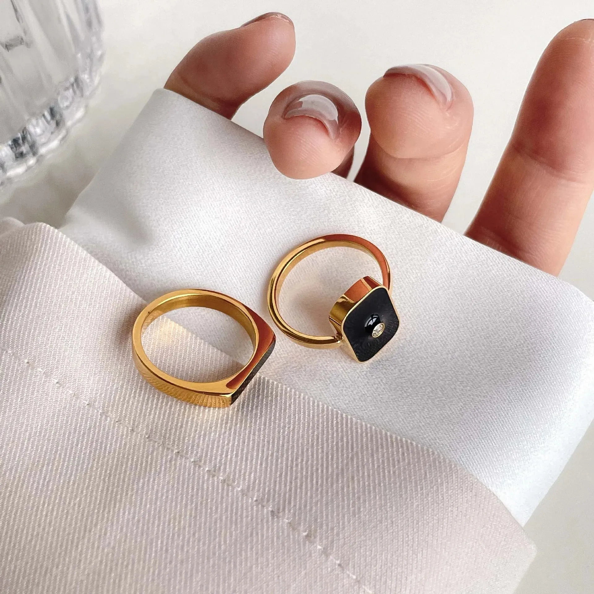 Rectangle Crystal Black Enamel Ring