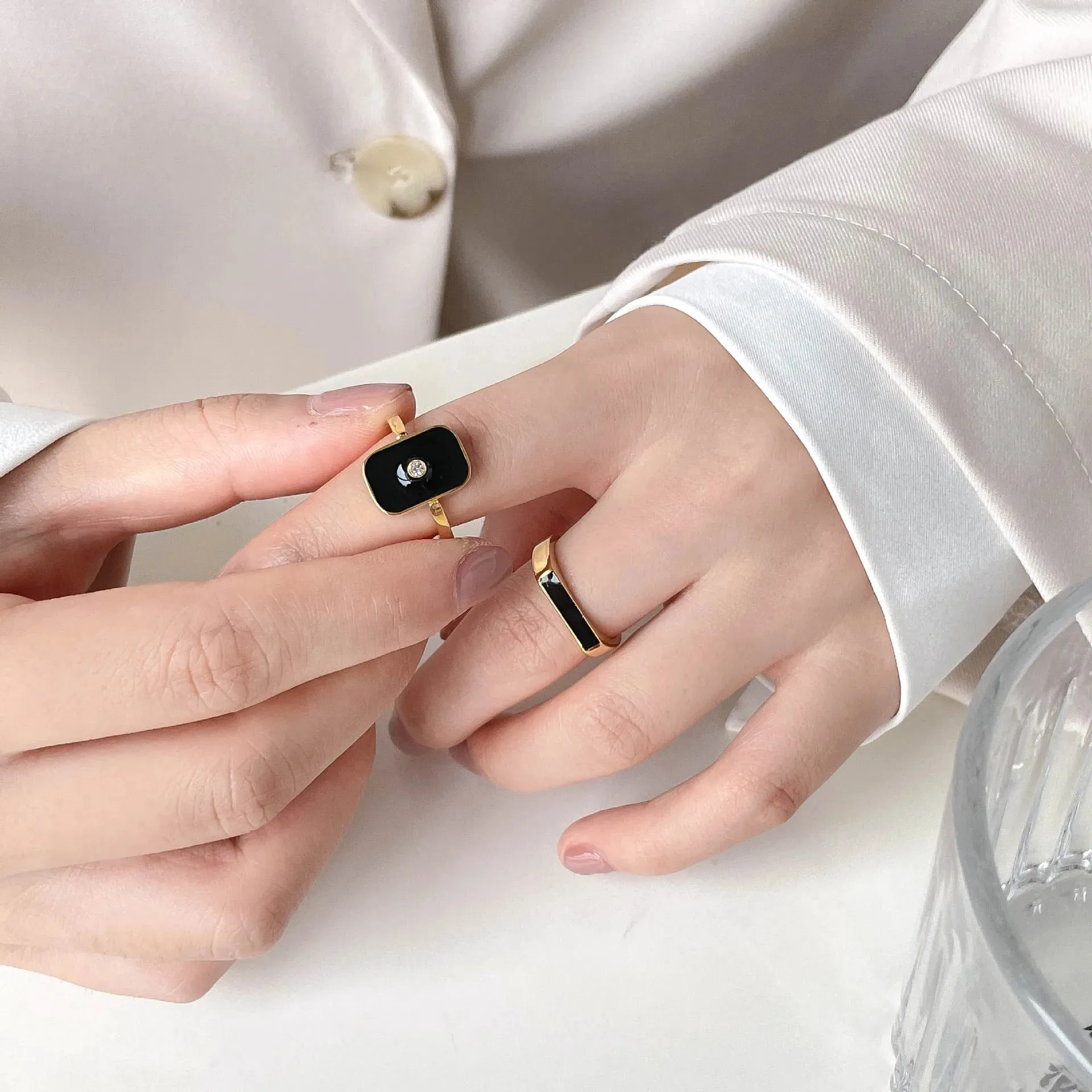 Rectangle Crystal Black Enamel Ring