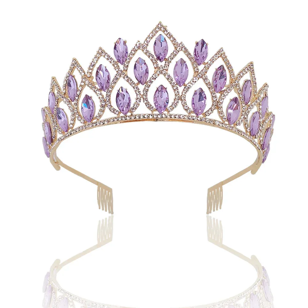 Retro Violet Crystal Geometric Bridal Tiara Rhinestone Pageant Crown Hair Accessory