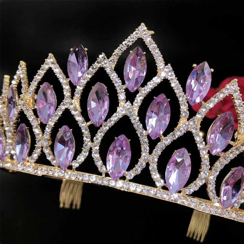 Retro Violet Crystal Geometric Bridal Tiara Rhinestone Pageant Crown Hair Accessory