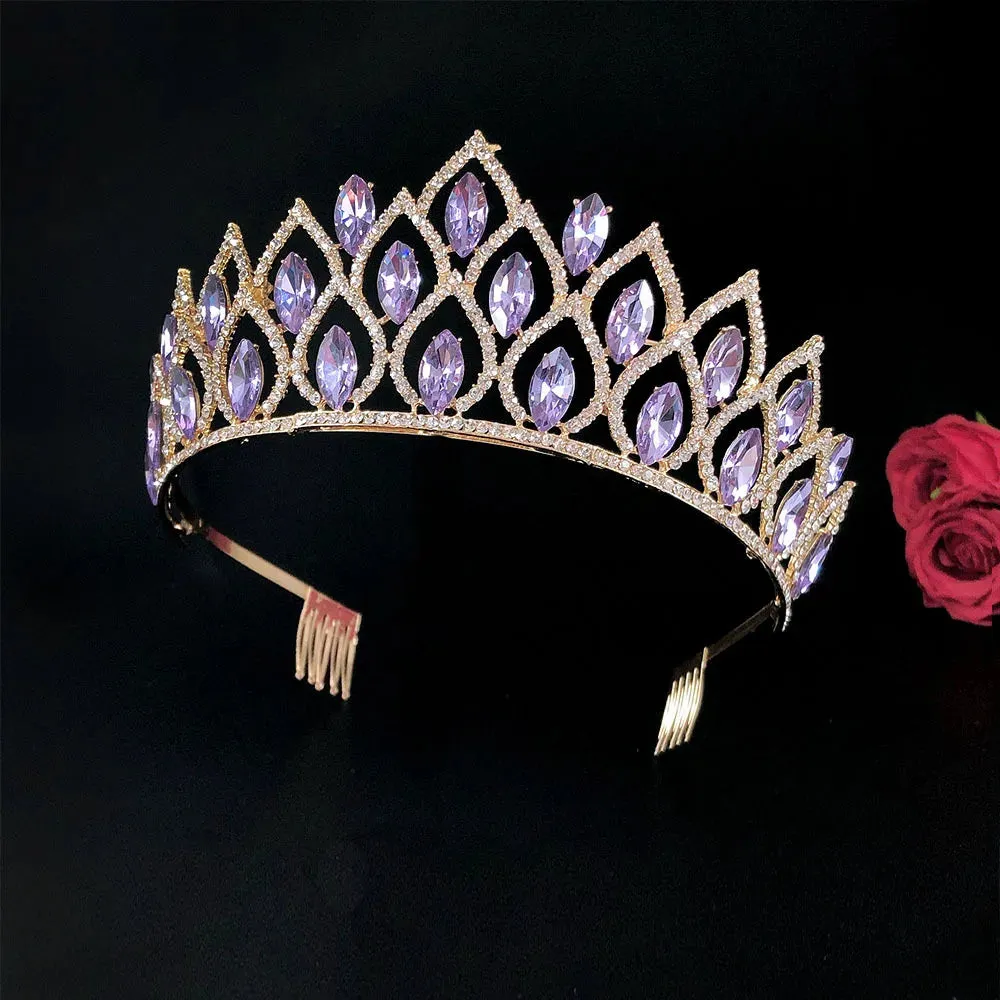 Retro Violet Crystal Geometric Bridal Tiara Rhinestone Pageant Crown Hair Accessory