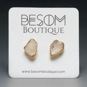 Rose Quartz Raw Crystal Stud Earrings in Gold