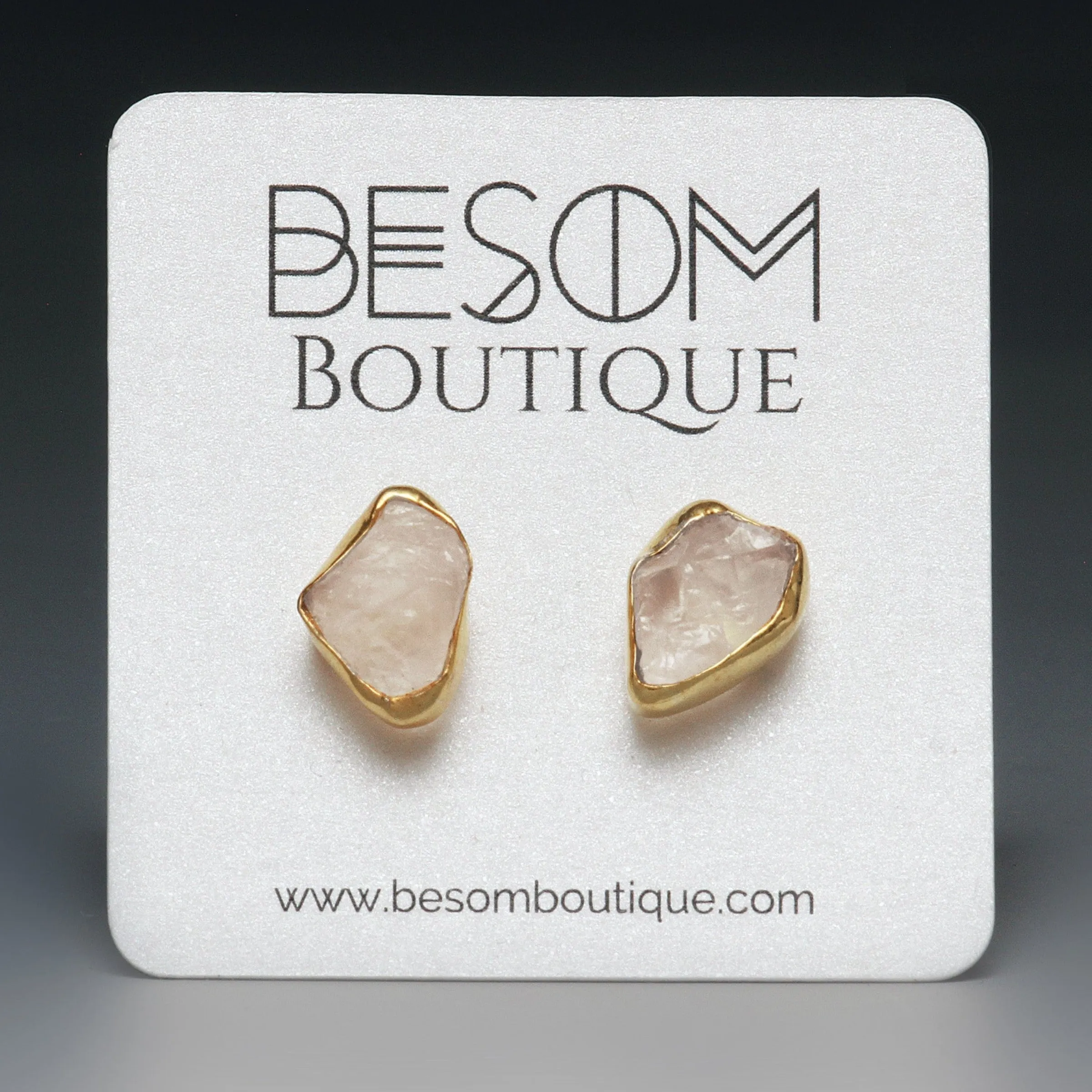 Rose Quartz Raw Crystal Stud Earrings in Gold