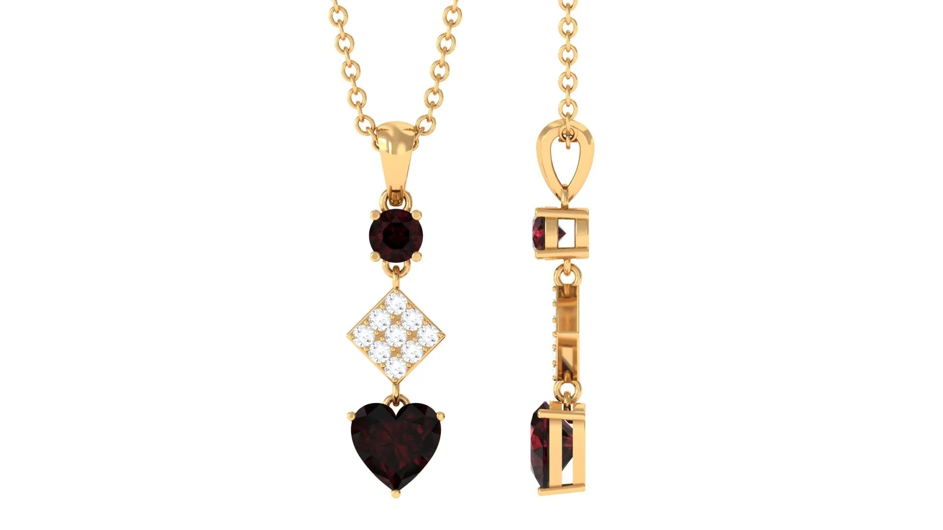 Round and Heart Shape Garnet and Diamond Drop Pendant Necklace