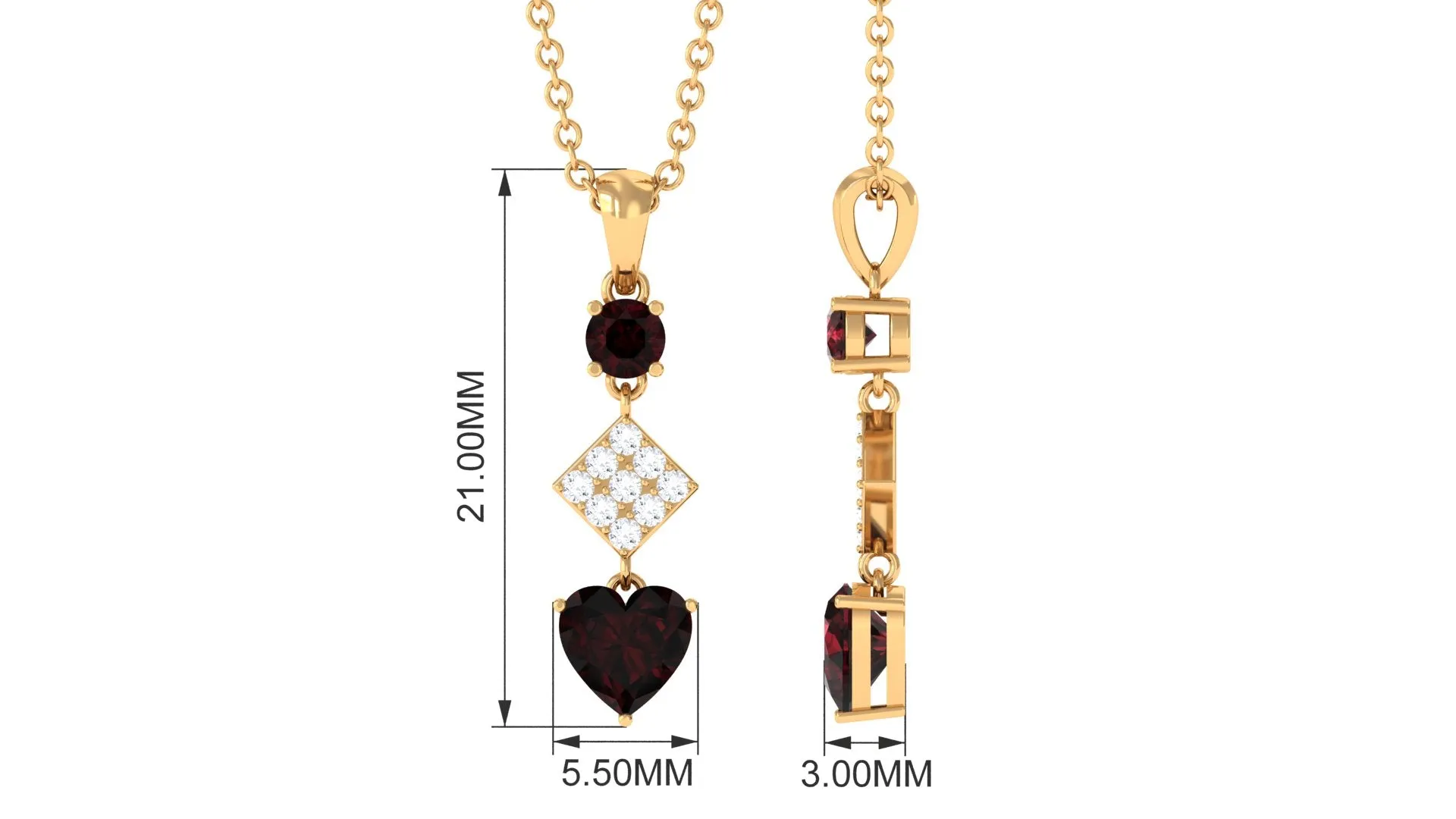 Round and Heart Shape Garnet and Diamond Drop Pendant Necklace