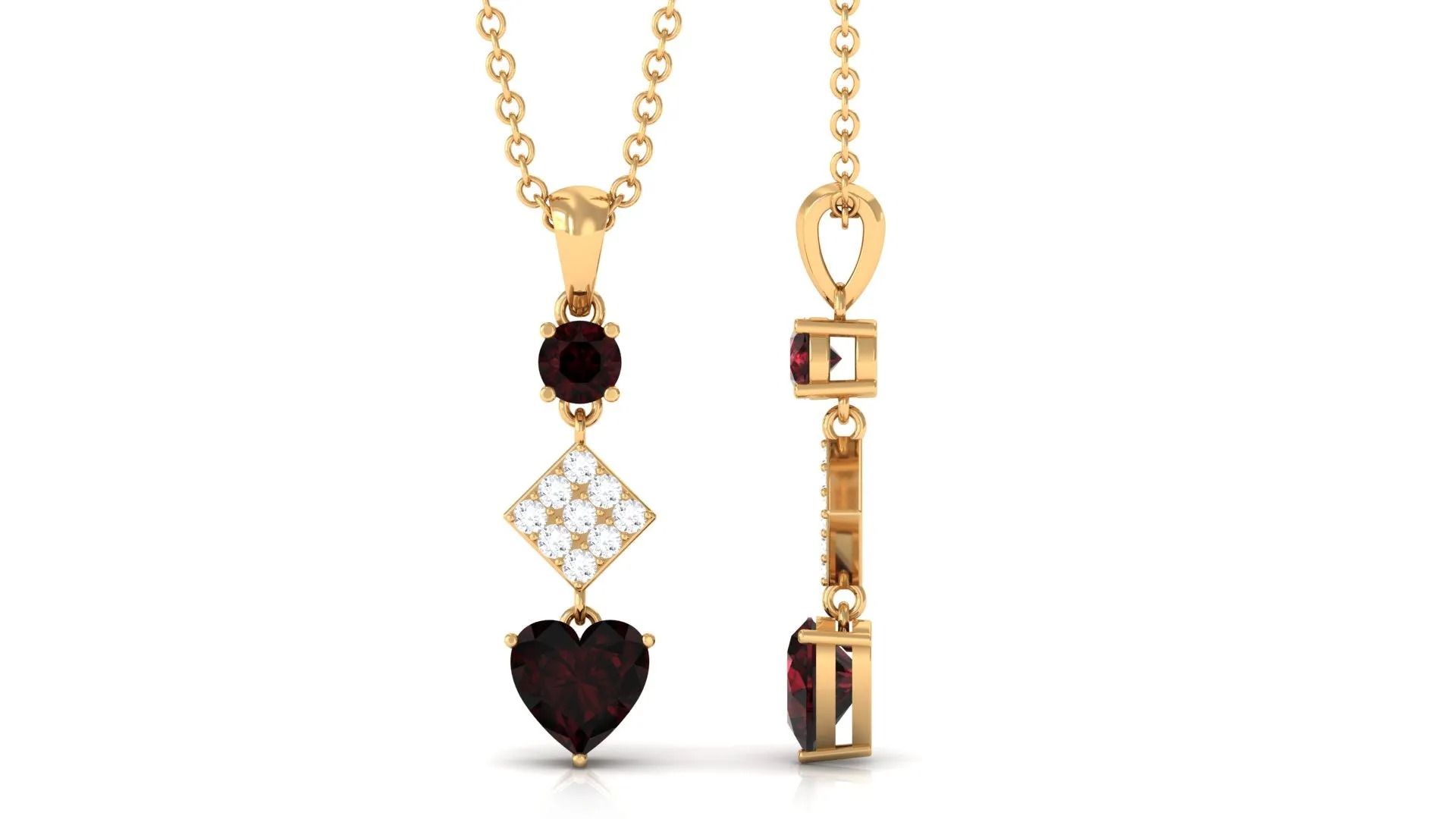 Round and Heart Shape Garnet and Diamond Drop Pendant Necklace