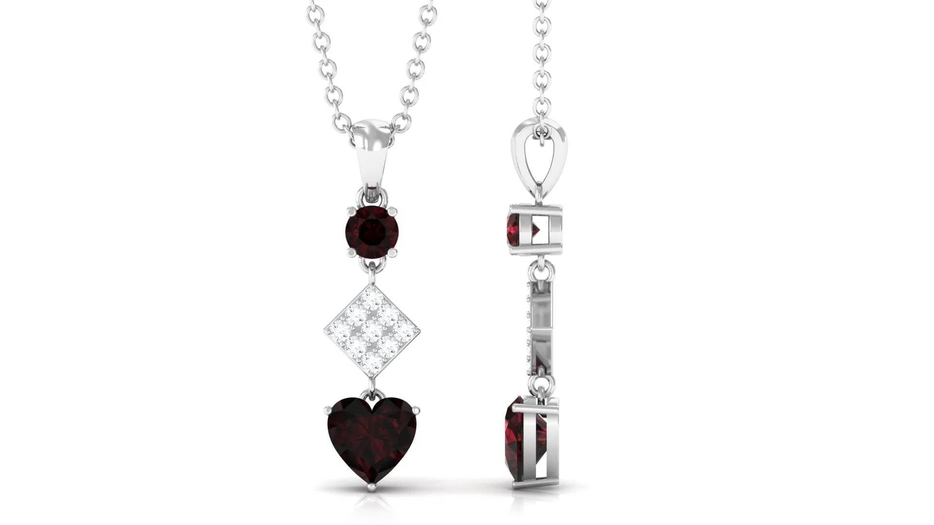 Round and Heart Shape Garnet and Diamond Drop Pendant Necklace