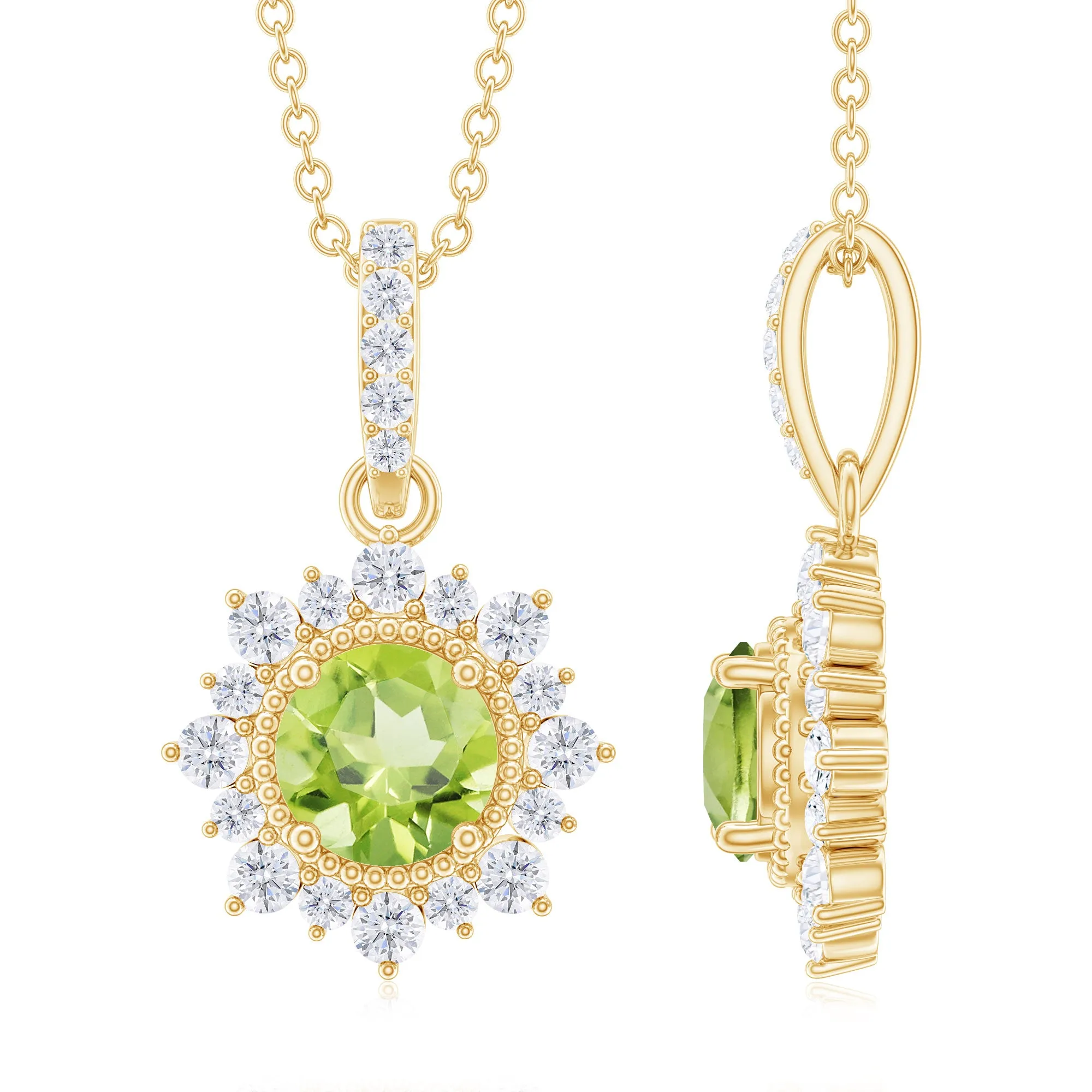 Round Peridot Halo Pendant with Diamond Accent Bail