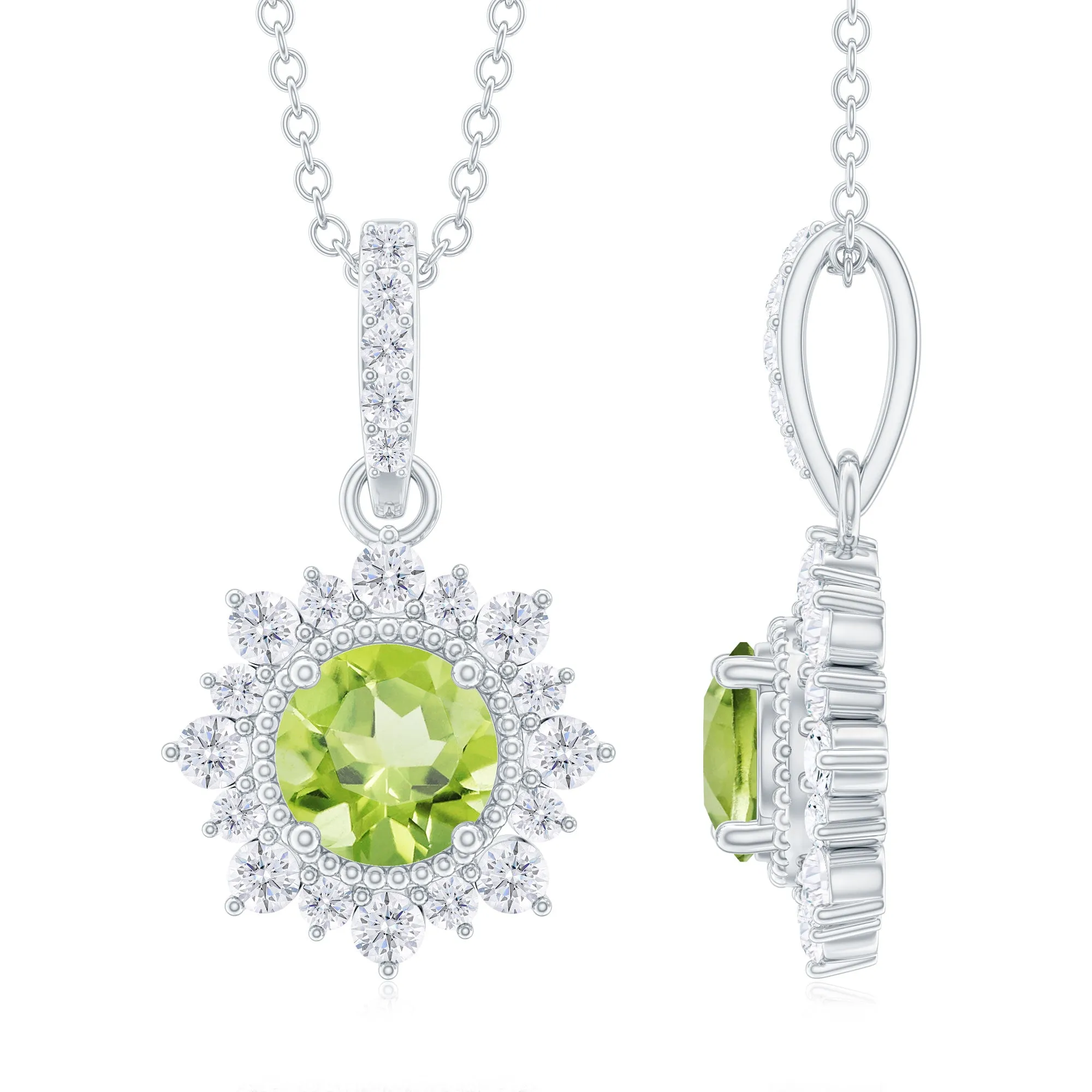 Round Peridot Halo Pendant with Diamond Accent Bail