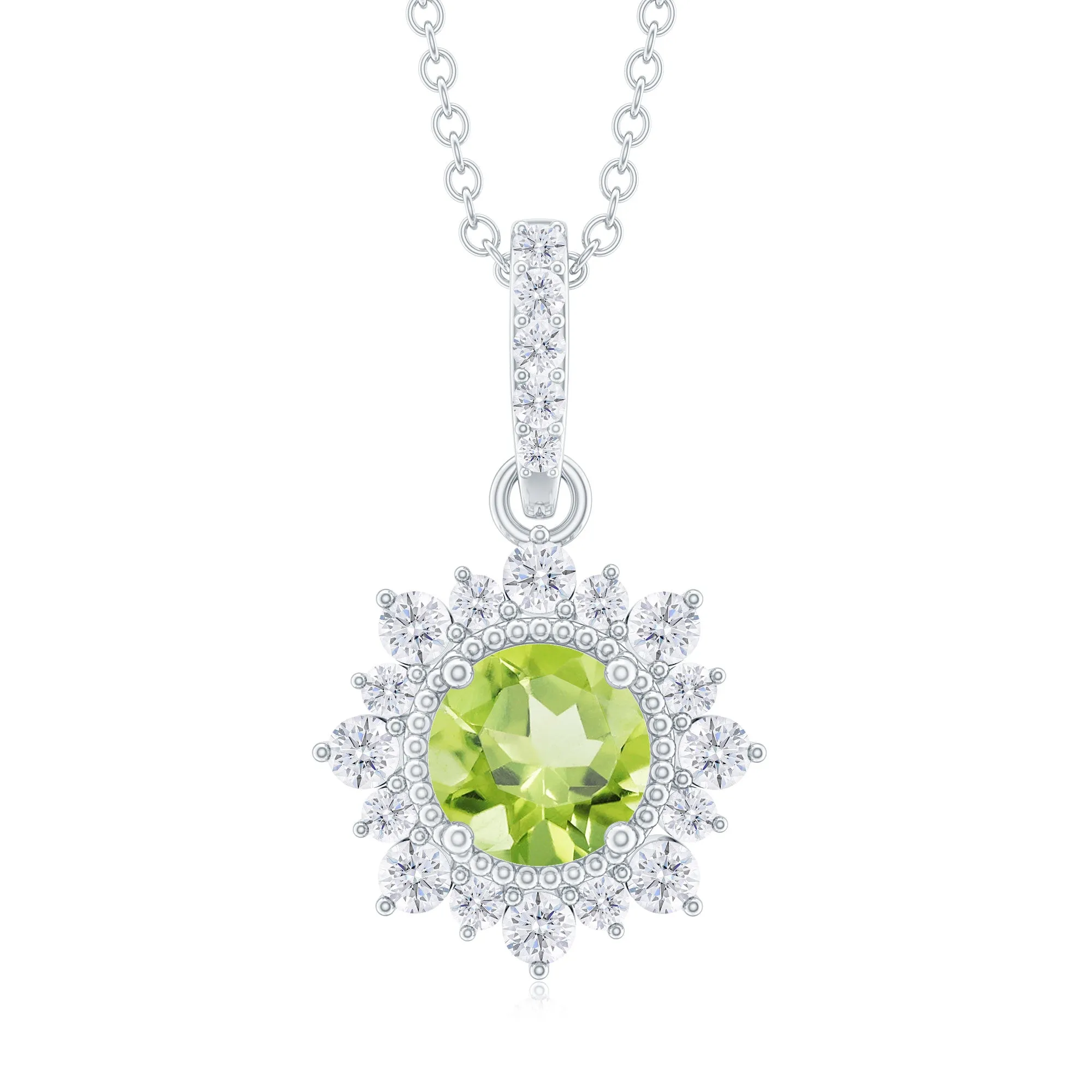 Round Peridot Halo Pendant with Diamond Accent Bail