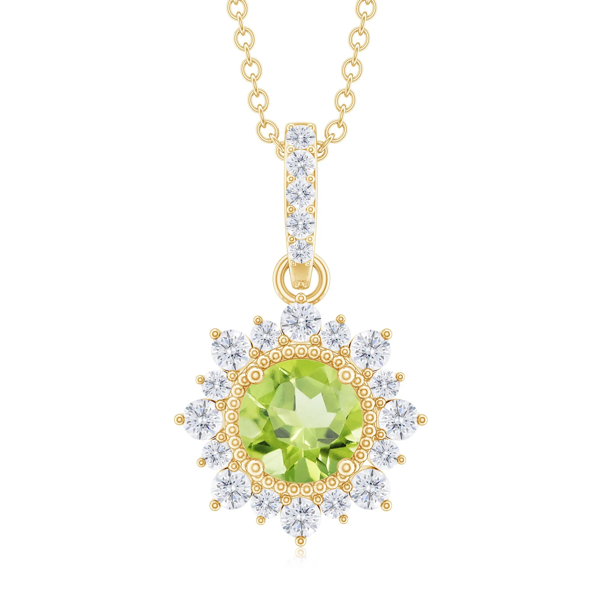 Round Peridot Halo Pendant with Diamond Accent Bail