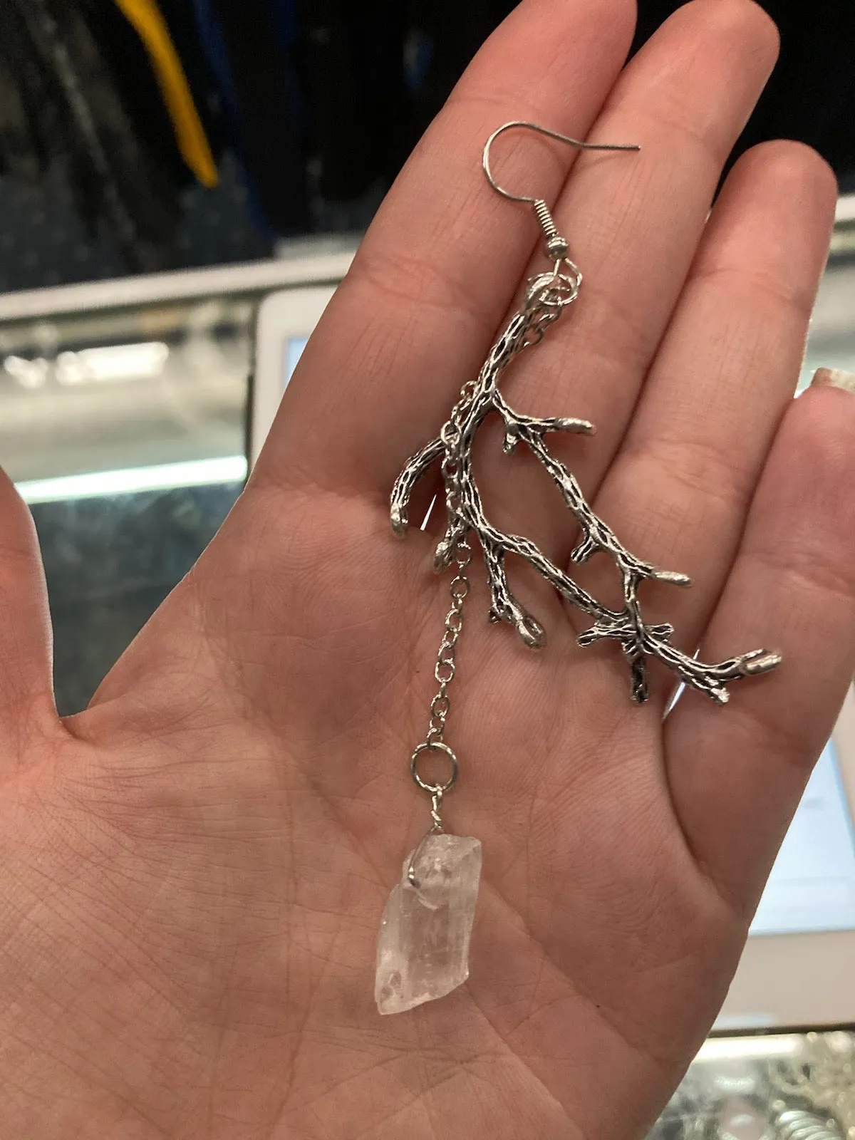 Silver Colored Branch Earring w/ Hanging Quartz
