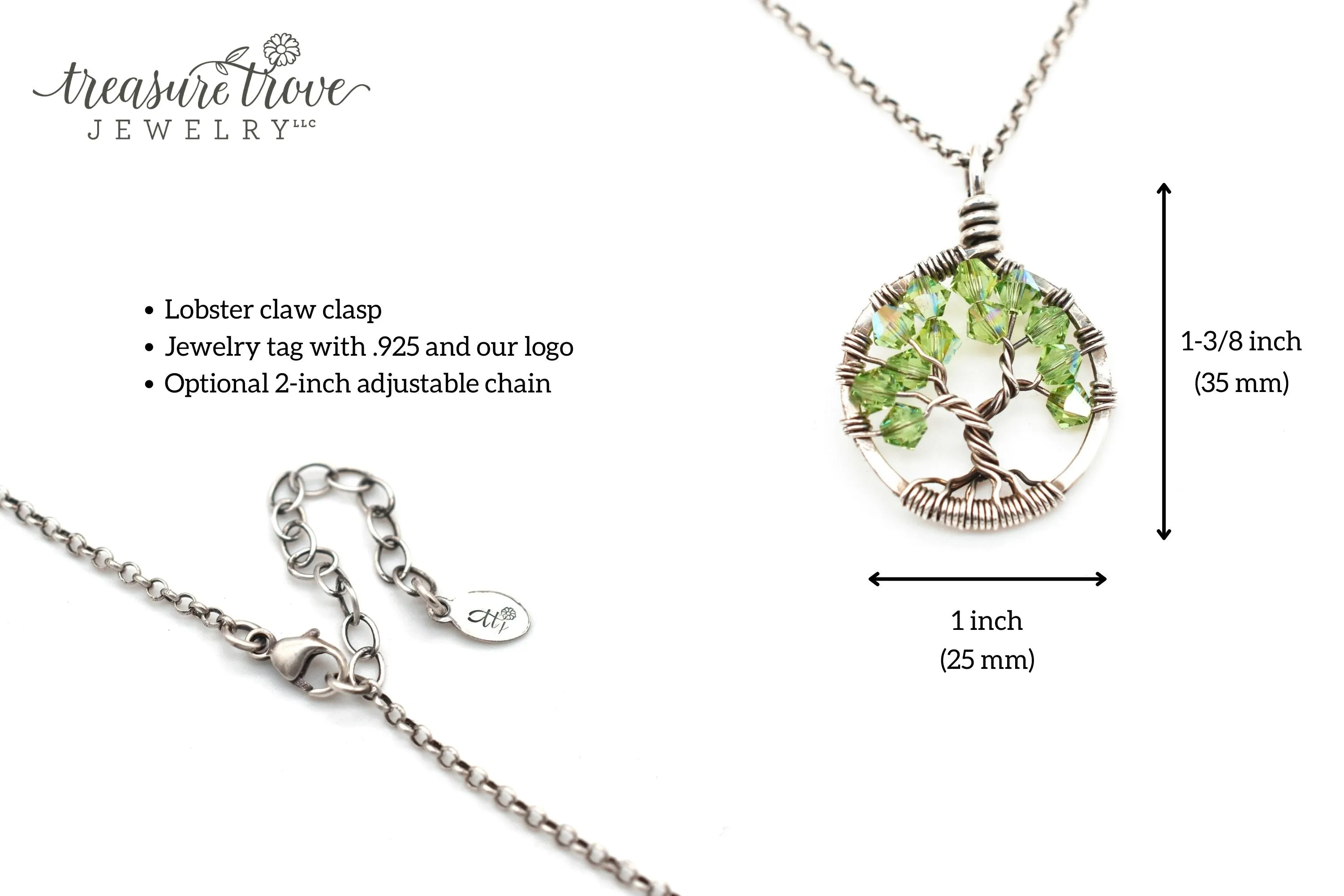 Silver Peridot Tree of Life Crystal Necklace (August)