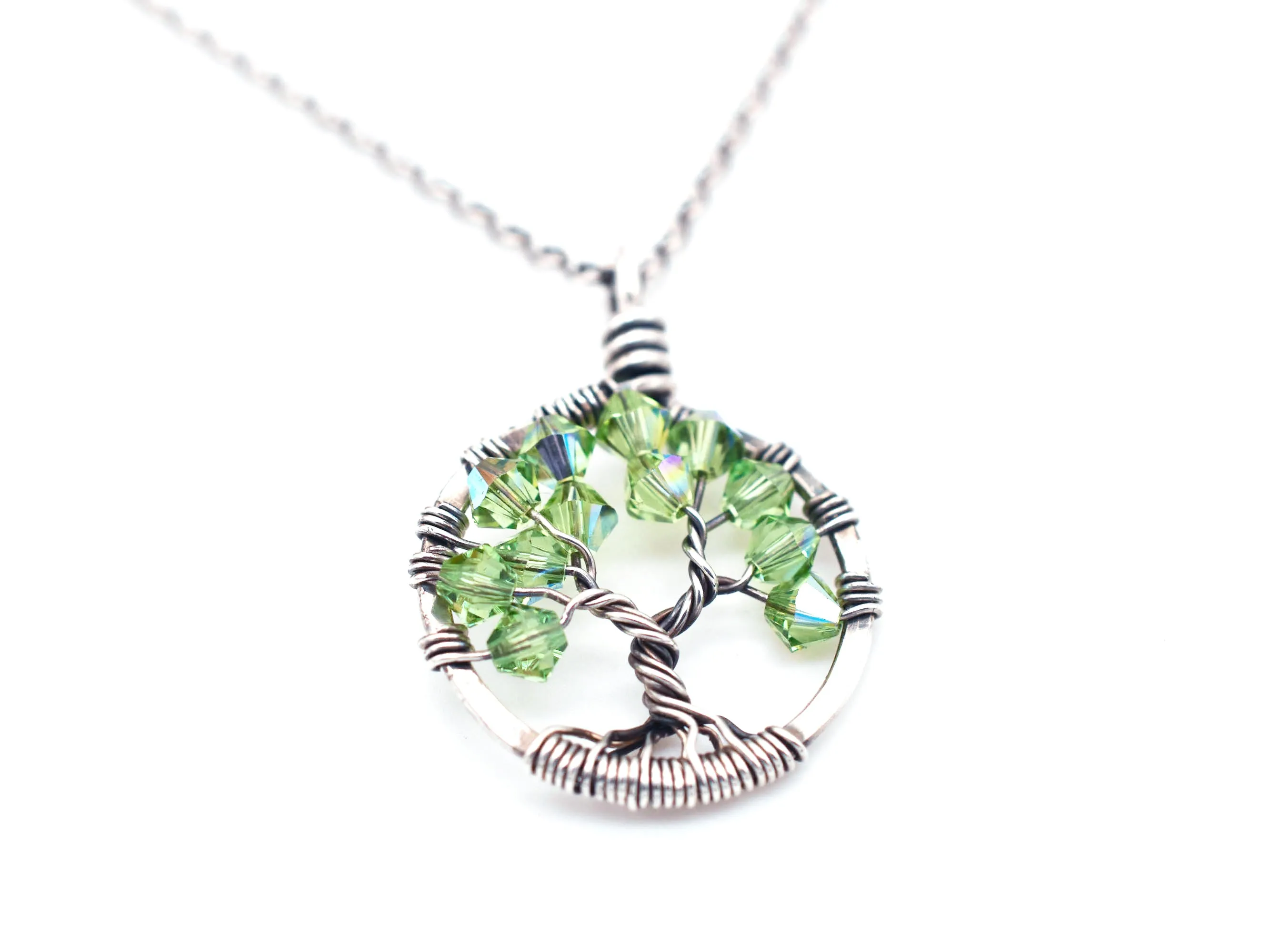 Silver Peridot Tree of Life Crystal Necklace (August)