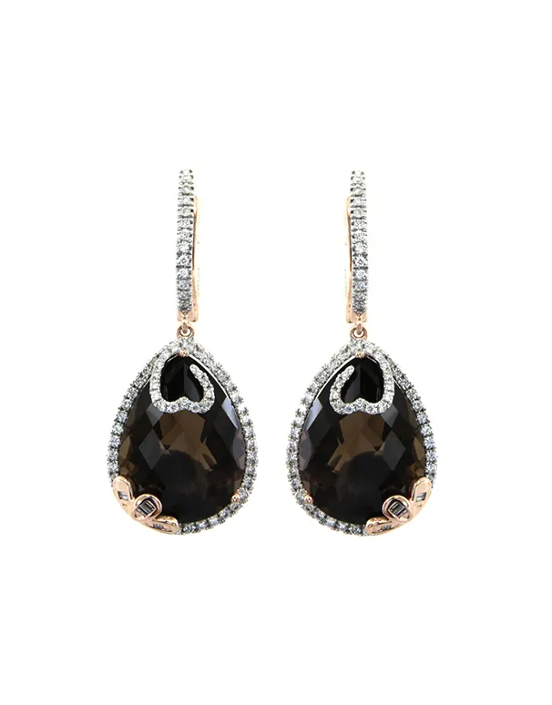 Smoky Quartz Earrings - 14ct Rose Gold Smoky Quartz and Diamond Earrings - 787028