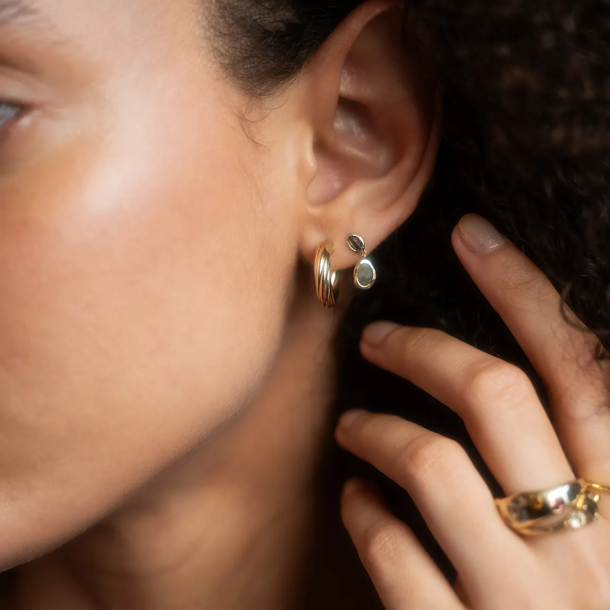 Solid Gold Labradorite and Quartz Drop Earrings for Protection
