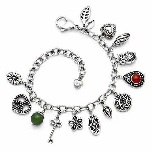 Stainless Steel Synthetic & Red Glass with Charm Bracelet