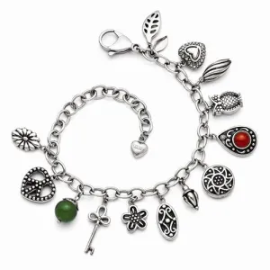 Stainless Steel Synthetic & Red Glass with Charm Bracelet